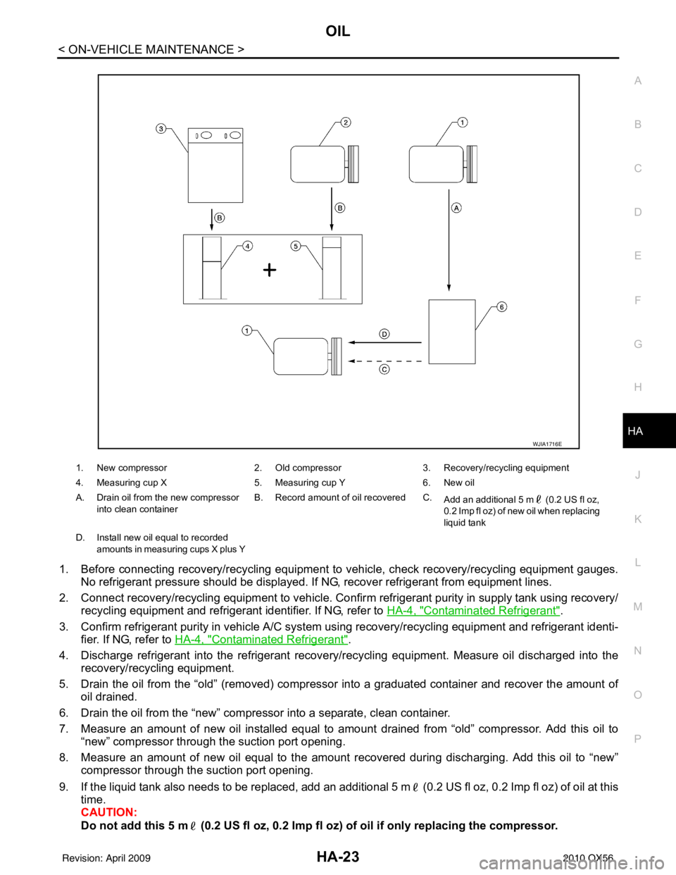 INFINITI QX56 2010 Factory Owners Manual OIL
HA-23
< ON-VEHICLE MAINTENANCE >
C
D E
F
G H
J
K L
M A
B
HA
N
O P
1. Before connecting recovery/recycling equipment to vehicle, check recovery/recycling equipment gauges.
No refrigerant pressure INFINITI QX56 2010 Factory Owners Manual OIL
HA-23
< ON-VEHICLE MAINTENANCE >
C
D E
F
G H
J
K L
M A
B
HA
N
O P
1. Before connecting recovery/recycling equipment to vehicle, check recovery/recycling equipment gauges.
No refrigerant pressure