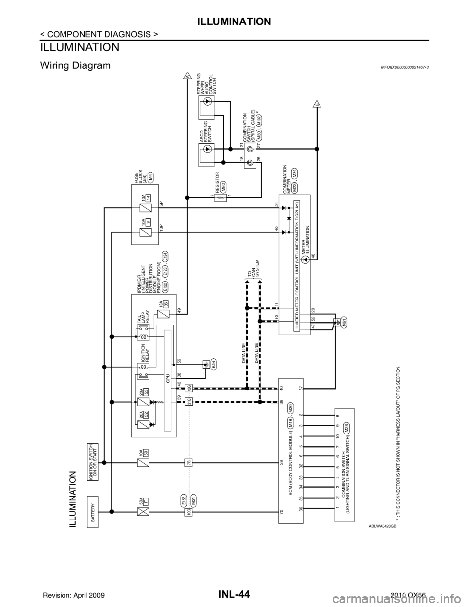INFINITI QX56 2010  Factory Service Manual INL-44
< COMPONENT DIAGNOSIS >
ILLUMINATION
ILLUMINATION
Wiring DiagramINFOID:0000000005146743
ABLWA0428GB
Revision: April 20092010 QX56 