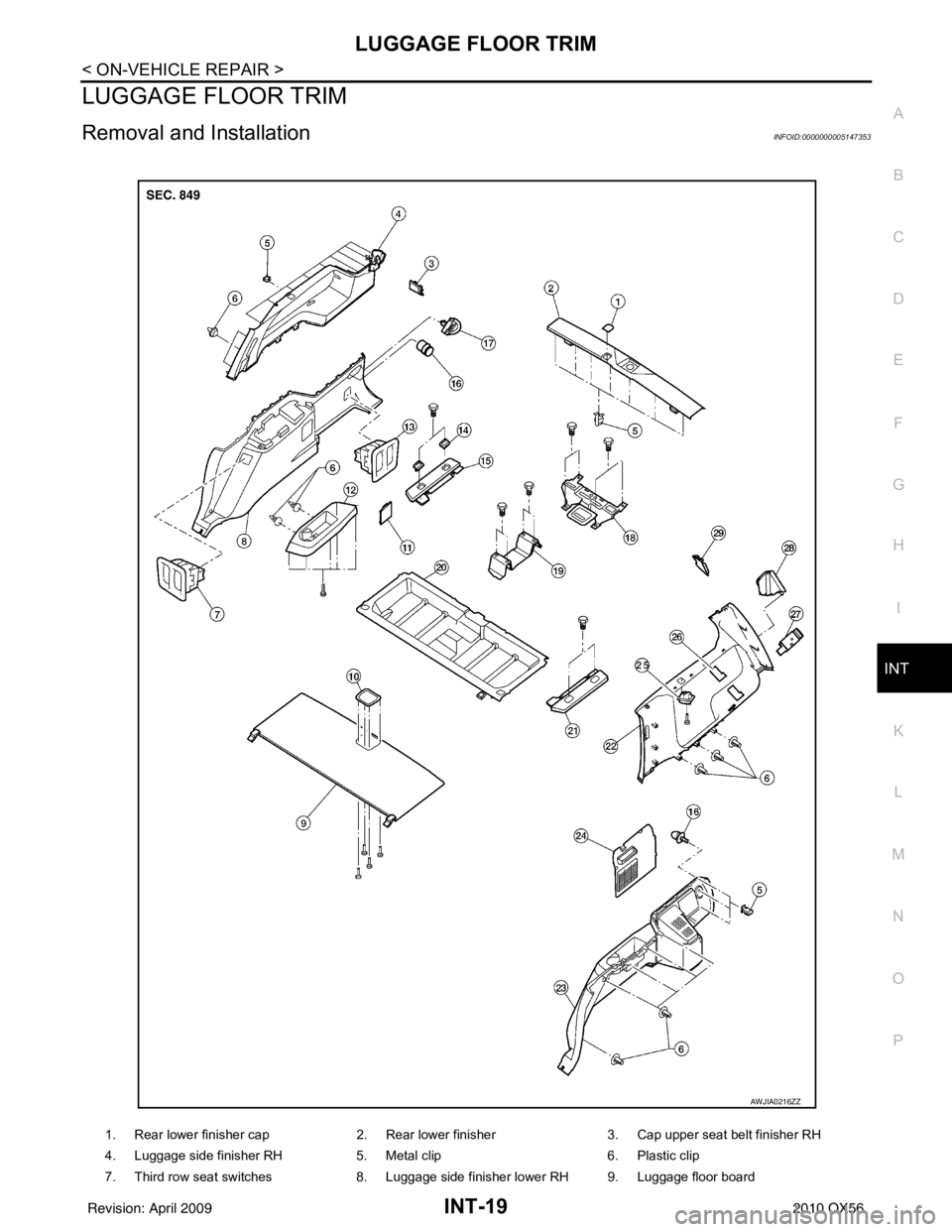 INFINITI QX56 2010  Factory Repair Manual LUGGAGE FLOOR TRIMINT-19
< ON-VEHICLE REPAIR >
C
DE
F
G H
I
K L
M A
B
INT
N
O P
LUGGAGE FLOOR TRIM
Removal and InstallationINFOID:0000000005147353
1. Rear lower finisher cap 2. Rear lower finisher3. C