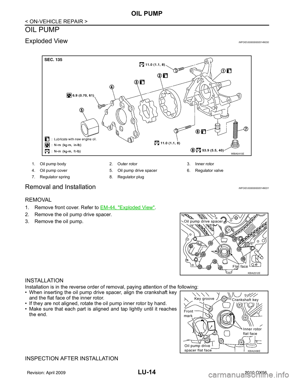 INFINITI QX56 2010 Factory Service Manual LU-14
< ON-VEHICLE REPAIR >
OIL PUMP
OIL PUMP
Exploded ViewINFOID:0000000005149030
Removal and InstallationINFOID:0000000005149031
REMOVAL
1. Remove front cover. Refer to EM-44, "Exploded View".
2. R INFINITI QX56 2010 Factory Service Manual LU-14
< ON-VEHICLE REPAIR >
OIL PUMP
OIL PUMP
Exploded ViewINFOID:0000000005149030
Removal and InstallationINFOID:0000000005149031
REMOVAL
1. Remove front cover. Refer to EM-44, "Exploded View".
2. R