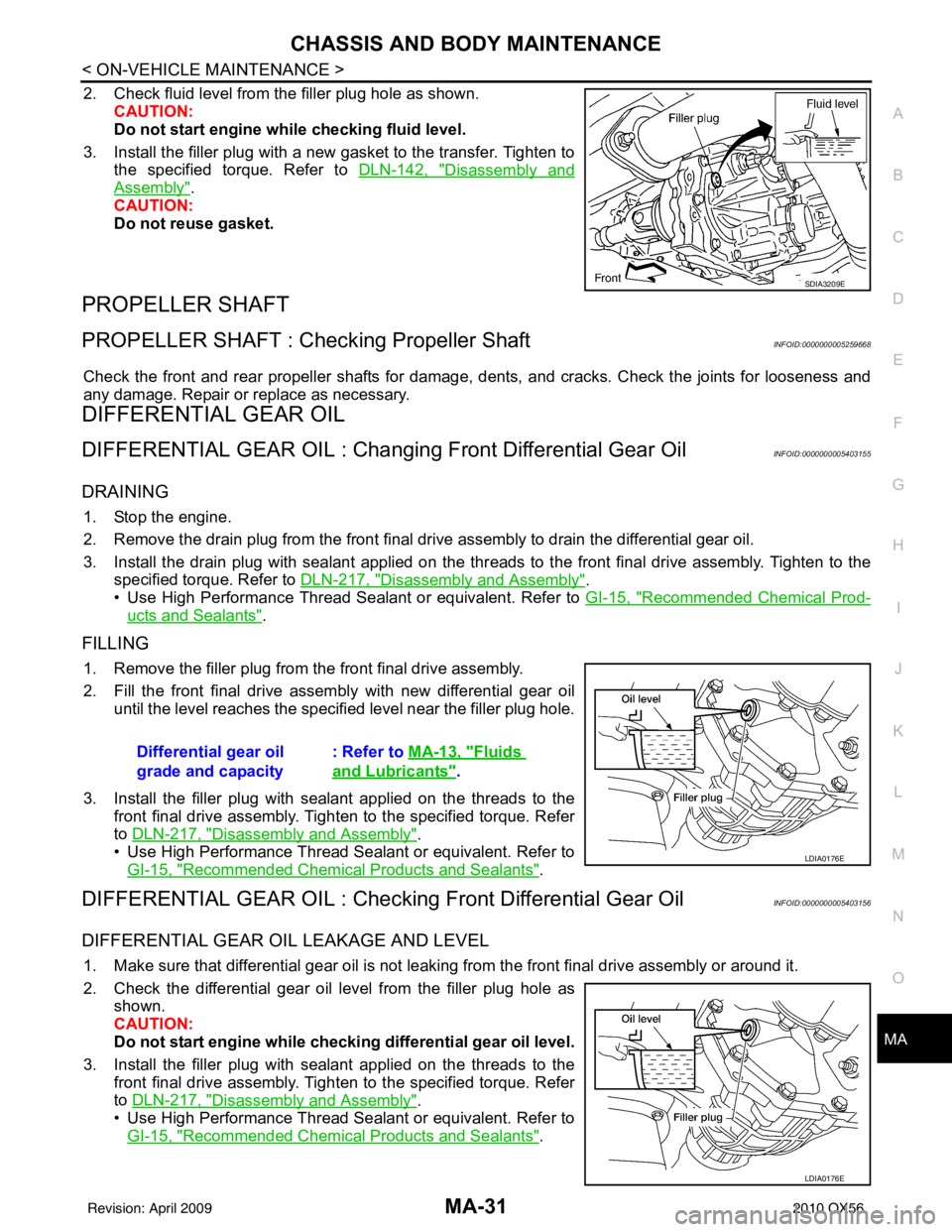 INFINITI QX56 2010 Factory Service Manual CHASSIS AND BODY MAINTENANCEMA-31
< ON-VEHICLE MAINTENANCE >
C
DE
F
G H
I
J
K L
M B
MA
N
O A
2. Check fluid level from the filler plug hole as shown.
CAUTION:
Do not start engine while checking fluid INFINITI QX56 2010 Factory Service Manual CHASSIS AND BODY MAINTENANCEMA-31
< ON-VEHICLE MAINTENANCE >
C
DE
F
G H
I
J
K L
M B
MA
N
O A
2. Check fluid level from the filler plug hole as shown.
CAUTION:
Do not start engine while checking fluid