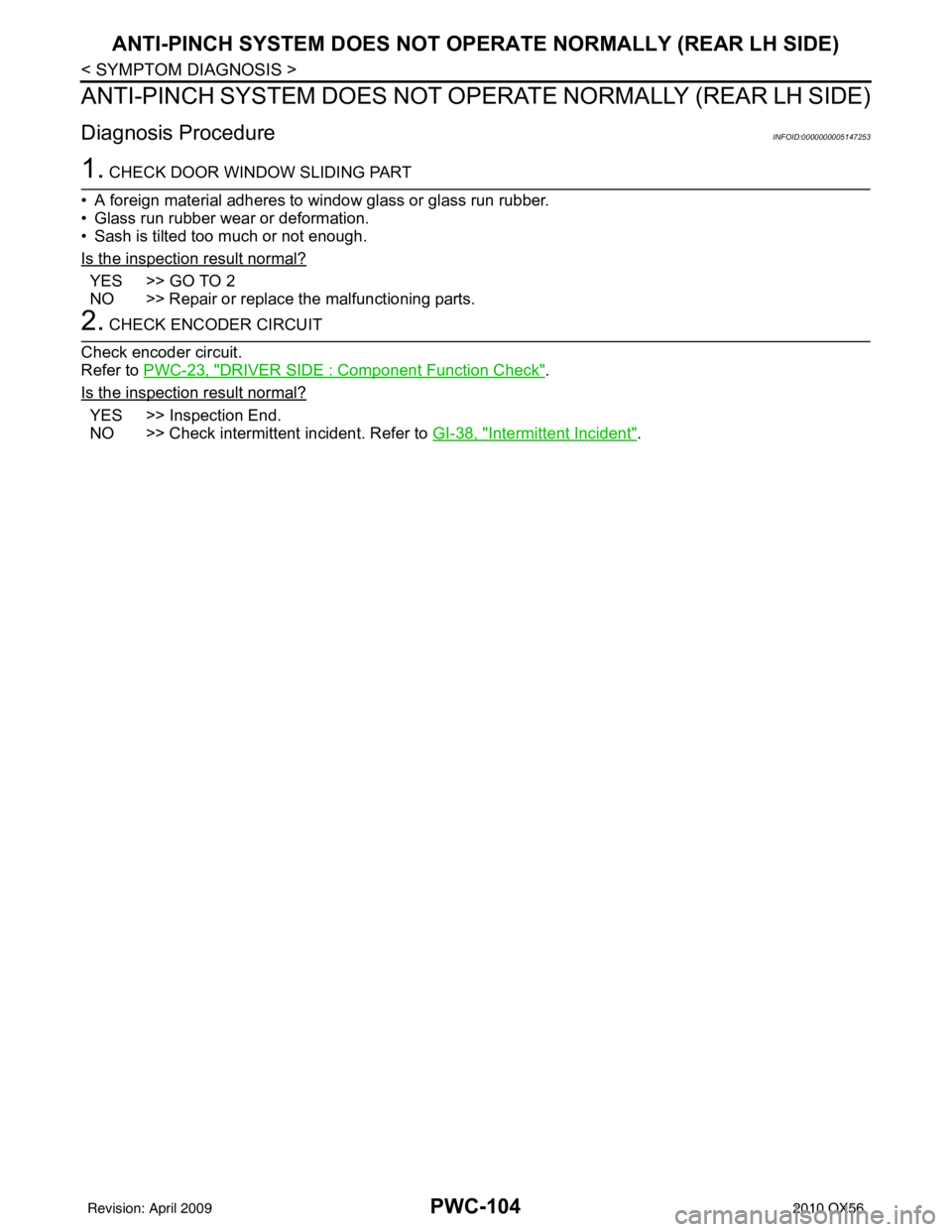 INFINITI QX56 2010  Factory Service Manual PWC-104
< SYMPTOM DIAGNOSIS >
ANTI-PINCH SYSTEM DOES NOT OPERATE NORMALLY (REAR LH SIDE)
ANTI-PINCH SYSTEM DOES NOT OPERATE NORMALLY (REAR LH SIDE)
Diagnosis ProcedureINFOID:0000000005147253
1. CHECK 
