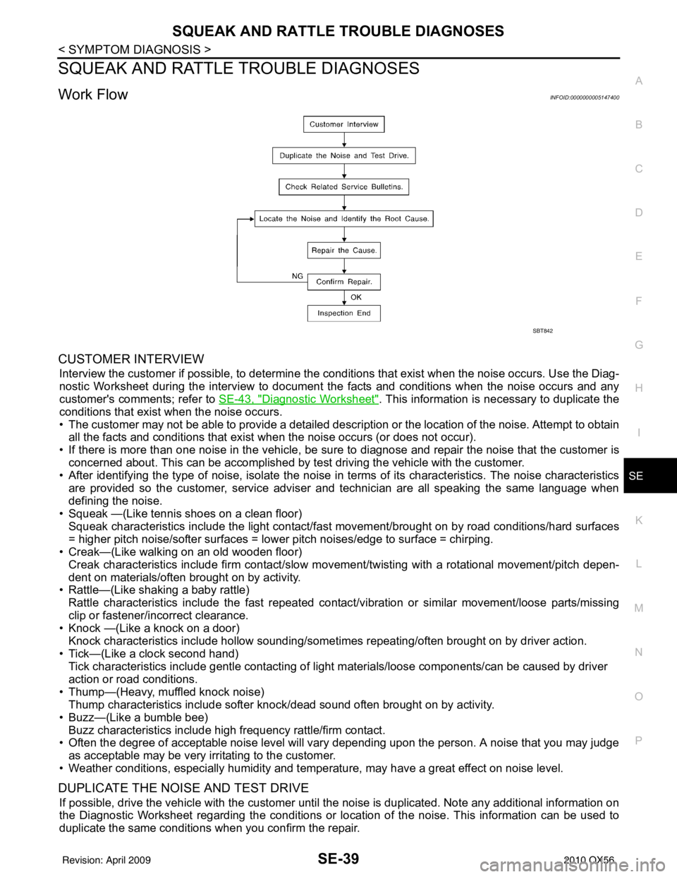INFINITI QX56 2010 Factory Manual Online SQUEAK AND RATTLE TROUBLE DIAGNOSESSE-39
< SYMPTOM DIAGNOSIS >
C
DE
F
G H
I
K L
M A
B
SE
N
O P
SQUEAK AND RATTLE TROUBLE DIAGNOSES
Work FlowINFOID:0000000005147400
CUSTOMER INTERVIEW
Interview the cus INFINITI QX56 2010 Factory Manual Online SQUEAK AND RATTLE TROUBLE DIAGNOSESSE-39
< SYMPTOM DIAGNOSIS >
C
DE
F
G H
I
K L
M A
B
SE
N
O P
SQUEAK AND RATTLE TROUBLE DIAGNOSES
Work FlowINFOID:0000000005147400
CUSTOMER INTERVIEW
Interview the cus