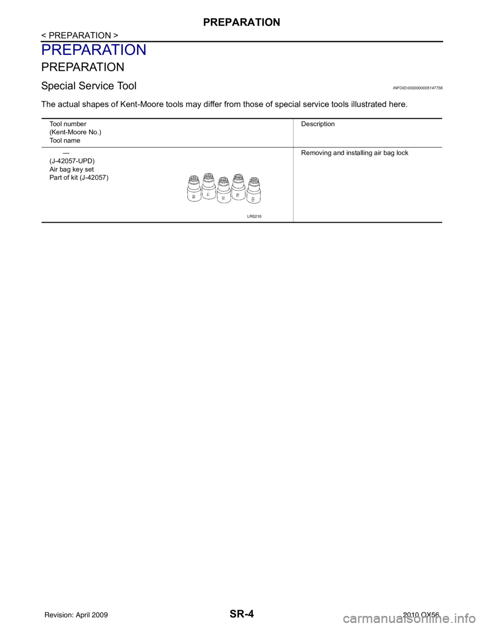 INFINITI QX56 2010 Factory Service Manual SR-4
< PREPARATION >
PREPARATION
PREPARATION
PREPARATION
Special Service ToolINFOID:0000000005147756
The actual shapes of Kent-Moore tools may differ from those of special service tools illustrated h INFINITI QX56 2010 Factory Service Manual SR-4
< PREPARATION >
PREPARATION
PREPARATION
PREPARATION
Special Service ToolINFOID:0000000005147756
The actual shapes of Kent-Moore tools may differ from those of special service tools illustrated h