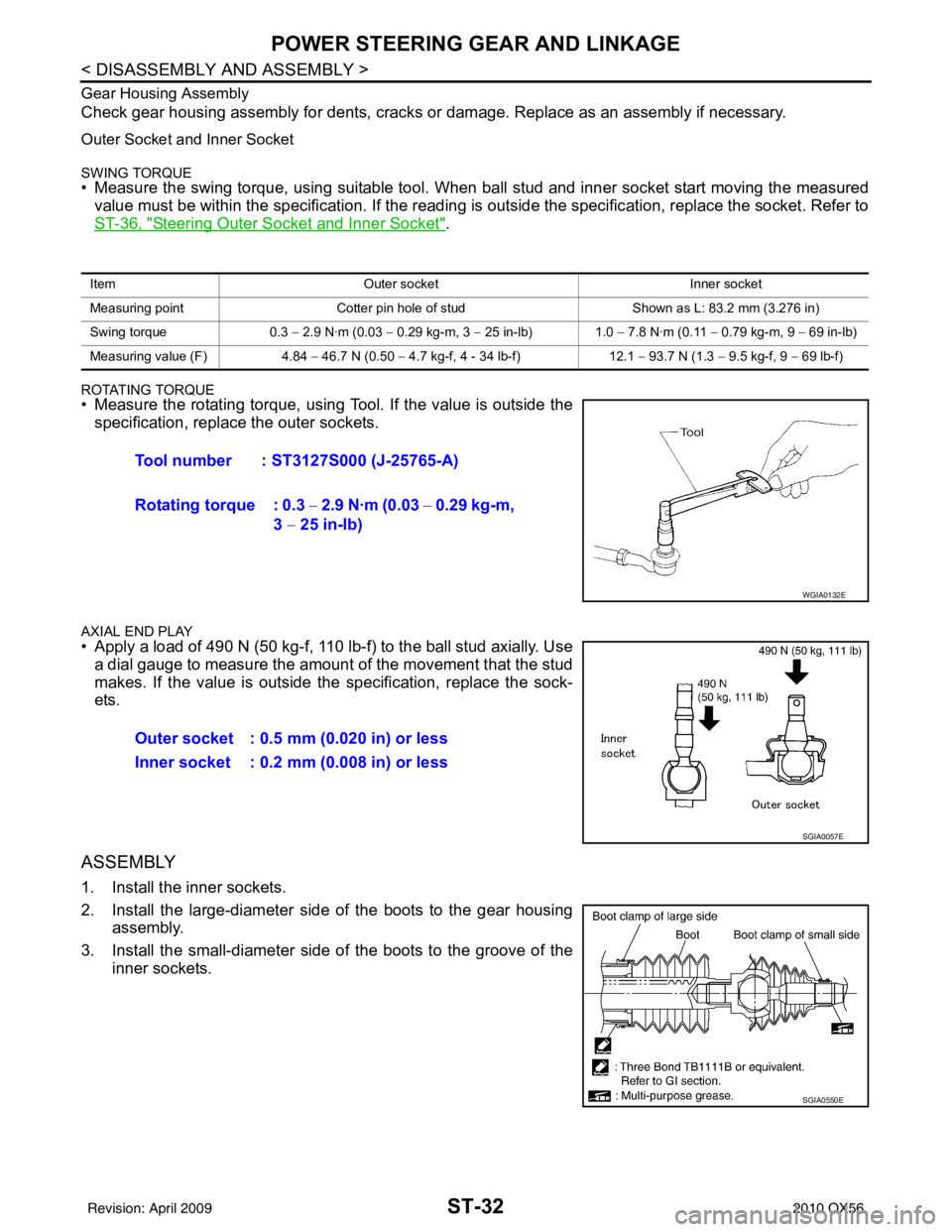 INFINITI QX56 2010 Factory Service Manual ST-32
< DISASSEMBLY AND ASSEMBLY >
POWER STEERING GEAR AND LINKAGE
Gear Housing Assembly
Check gear housing assembly for dents, cracks or damage. Replace as an assembly if necessary.
Outer Socket and INFINITI QX56 2010 Factory Service Manual ST-32
< DISASSEMBLY AND ASSEMBLY >
POWER STEERING GEAR AND LINKAGE
Gear Housing Assembly
Check gear housing assembly for dents, cracks or damage. Replace as an assembly if necessary.
Outer Socket and