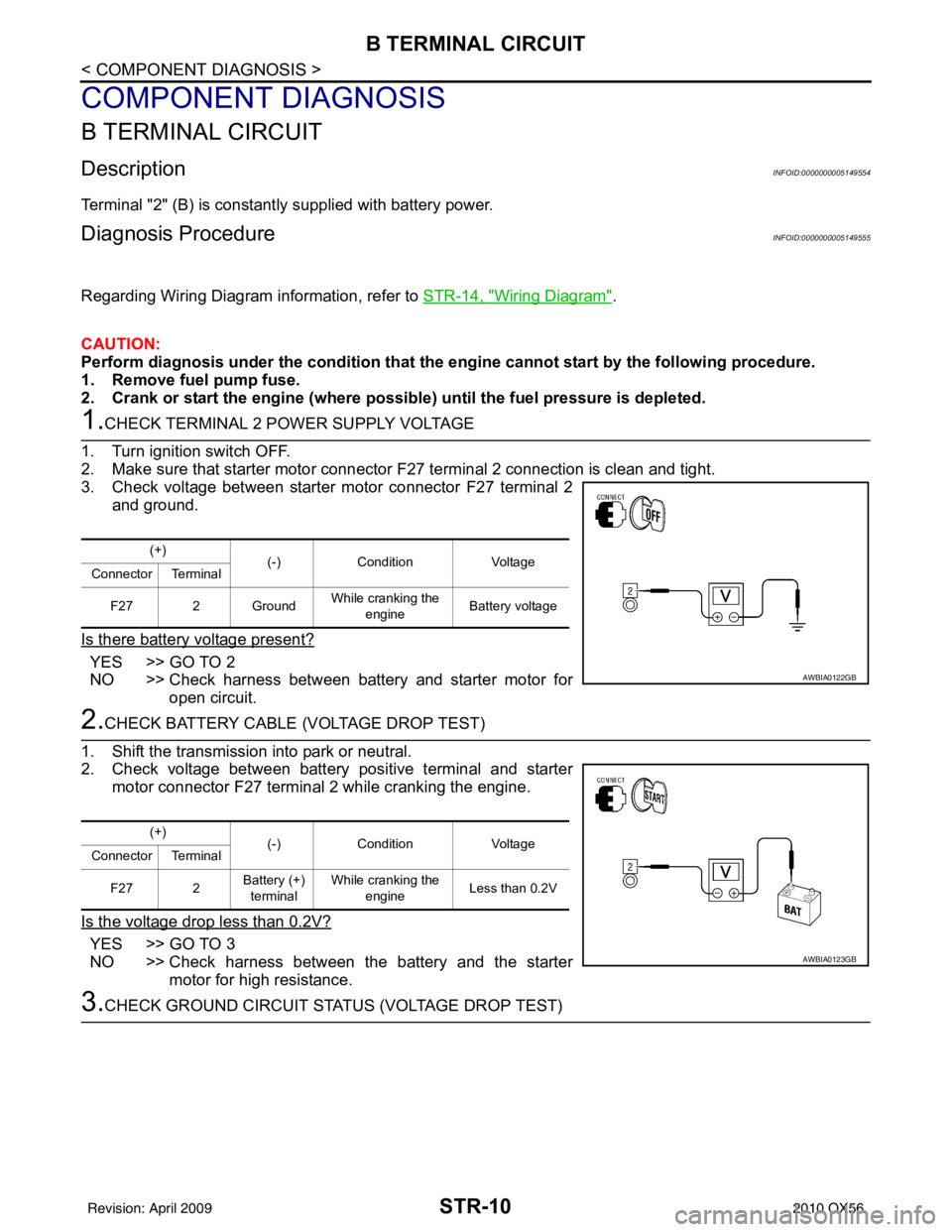 INFINITI QX56 2010 Factory Service Manual STR-10
< COMPONENT DIAGNOSIS >
B TERMINAL CIRCUIT
COMPONENT DIAGNOSIS
B TERMINAL CIRCUIT
DescriptionINFOID:0000000005149554
Terminal "2" (B) is constantly supplied with battery power.
Diagnosis Proced INFINITI QX56 2010 Factory Service Manual STR-10
< COMPONENT DIAGNOSIS >
B TERMINAL CIRCUIT
COMPONENT DIAGNOSIS
B TERMINAL CIRCUIT
DescriptionINFOID:0000000005149554
Terminal "2" (B) is constantly supplied with battery power.
Diagnosis Proced