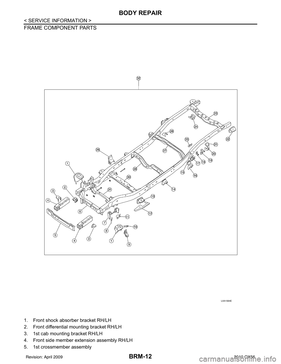 INFINITI QX56 2010 Factory Service Manual BRM-12
< SERVICE INFORMATION >
BODY REPAIR
FRAME COMPONENT PARTS
1. Front shock absorber bracket RH/LH
2. Front differential mounting bracket RH/LH
3. 1st cab mounting bracket RH/LH
4. Front side memb INFINITI QX56 2010 Factory Service Manual BRM-12
< SERVICE INFORMATION >
BODY REPAIR
FRAME COMPONENT PARTS
1. Front shock absorber bracket RH/LH
2. Front differential mounting bracket RH/LH
3. 1st cab mounting bracket RH/LH
4. Front side memb