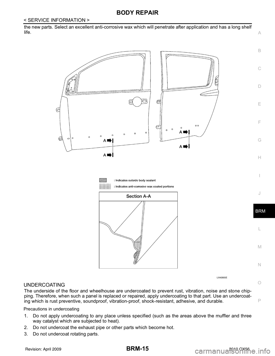 INFINITI QX56 2010  Factory Workshop Manual BODY REPAIRBRM-15
< SERVICE INFORMATION >
C
DE
F
G H
I
J
L
M A
B
BRM
N
O P
the new parts. Select an excellent anti-corrosive wax which will penetrate after application and has a long shelf
life.
UNDER