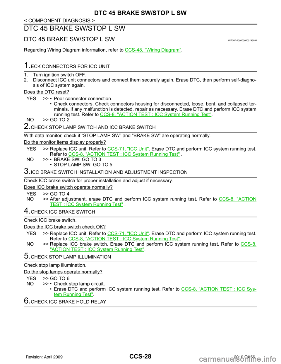 INFINITI QX56 2010 Factory Service Manual CCS-28
< COMPONENT DIAGNOSIS >
DTC 45 BRAKE SW/STOP L SW
DTC 45 BRAKE SW/STOP L SW
DTC 45 BRAKE SW/STOP L SWINFOID:0000000005145991
Regarding Wiring Diagram information, refer to CCS-48, "Wiring Diagr INFINITI QX56 2010 Factory Service Manual CCS-28
< COMPONENT DIAGNOSIS >
DTC 45 BRAKE SW/STOP L SW
DTC 45 BRAKE SW/STOP L SW
DTC 45 BRAKE SW/STOP L SWINFOID:0000000005145991
Regarding Wiring Diagram information, refer to CCS-48, "Wiring Diagr