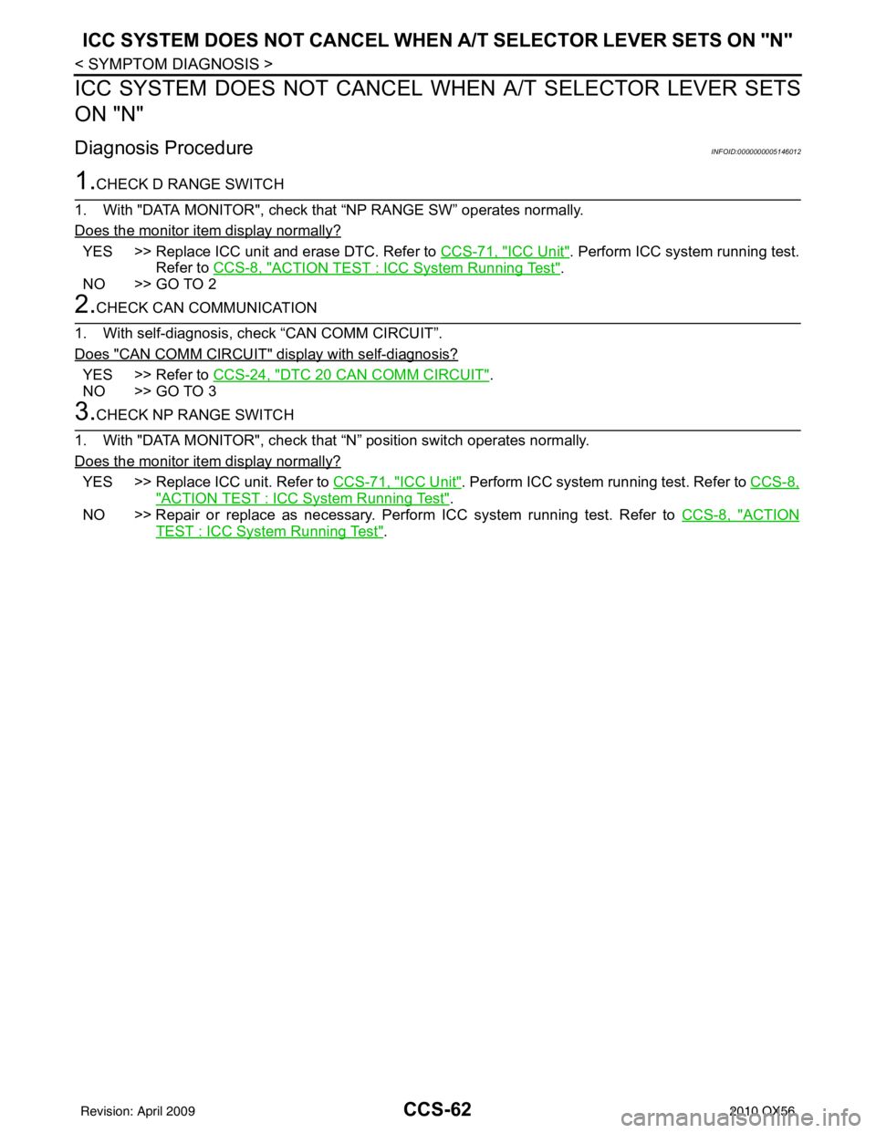 INFINITI QX56 2010 Factory Service Manual CCS-62
< SYMPTOM DIAGNOSIS >
ICC SYSTEM DOES NOT CANCEL WHEN A/T SELECTOR LEVER SETS ON "N"
ICC SYSTEM DOES NOT CANCEL WHEN A/T SELECTOR LEVER SETS
ON "N"
Diagnosis ProcedureINFOID:0000000005146012
1. INFINITI QX56 2010 Factory Service Manual CCS-62
< SYMPTOM DIAGNOSIS >
ICC SYSTEM DOES NOT CANCEL WHEN A/T SELECTOR LEVER SETS ON "N"
ICC SYSTEM DOES NOT CANCEL WHEN A/T SELECTOR LEVER SETS
ON "N"
Diagnosis ProcedureINFOID:0000000005146012
1.