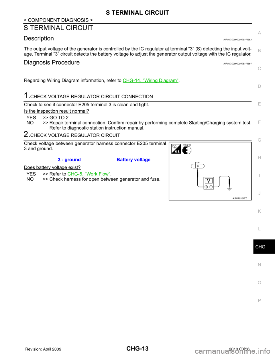 INFINITI QX56 2010 Factory Service Manual CHG
S TERMINAL CIRCUITCHG-13
< COMPONENT DIAGNOSIS >
C
DE
F
G H
I
J
K L
B A
O P
N
S TERMINAL CIRCUIT
DescriptionINFOID:0000000005146563
The output voltage of the generator is controlled by the IC
reg INFINITI QX56 2010 Factory Service Manual CHG
S TERMINAL CIRCUITCHG-13
< COMPONENT DIAGNOSIS >
C
DE
F
G H
I
J
K L
B A
O P
N
S TERMINAL CIRCUIT
DescriptionINFOID:0000000005146563
The output voltage of the generator is controlled by the IC
reg