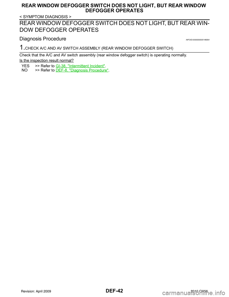 INFINITI QX56 2010  Factory Service Manual DEF-42
< SYMPTOM DIAGNOSIS >
REAR WINDOW DEFOGGER SWITCH DOES NOT LIGHT, BUT REAR WINDOW 
DEFOGGER OPERATES
REAR WINDOW DEFOGGER SWITCH  DOES NOT LIGHT, BUT REAR WIN-
DOW DEFOGGER OPERATES
Diagnosis P