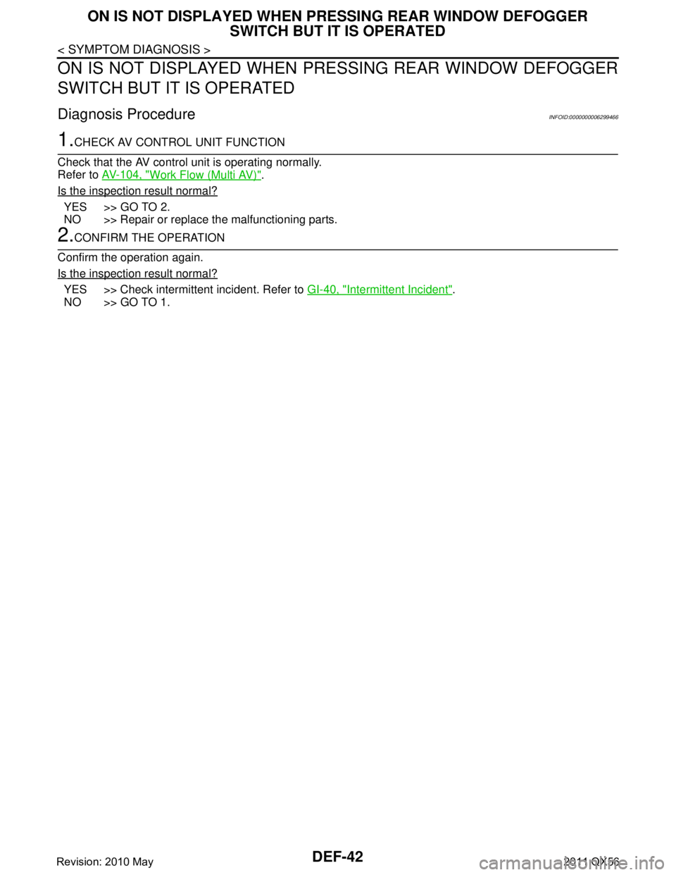 INFINITI QX56 2011 Factory Service Manual
DEF-42
< SYMPTOM DIAGNOSIS >
ON IS NOT DISPLAYED WHEN PRESSING REAR WINDOW DEFOGGER
SWITCH BUT IT IS OPERATED
ON IS NOT DISPLAYED WHEN PR ESSING REAR WINDOW DEFOGGER
SWITCH BUT IT IS OPERATED
Diagno INFINITI QX56 2011 Factory Service Manual
DEF-42
< SYMPTOM DIAGNOSIS >
ON IS NOT DISPLAYED WHEN PRESSING REAR WINDOW DEFOGGER
SWITCH BUT IT IS OPERATED
ON IS NOT DISPLAYED WHEN PR ESSING REAR WINDOW DEFOGGER
SWITCH BUT IT IS OPERATED
Diagno