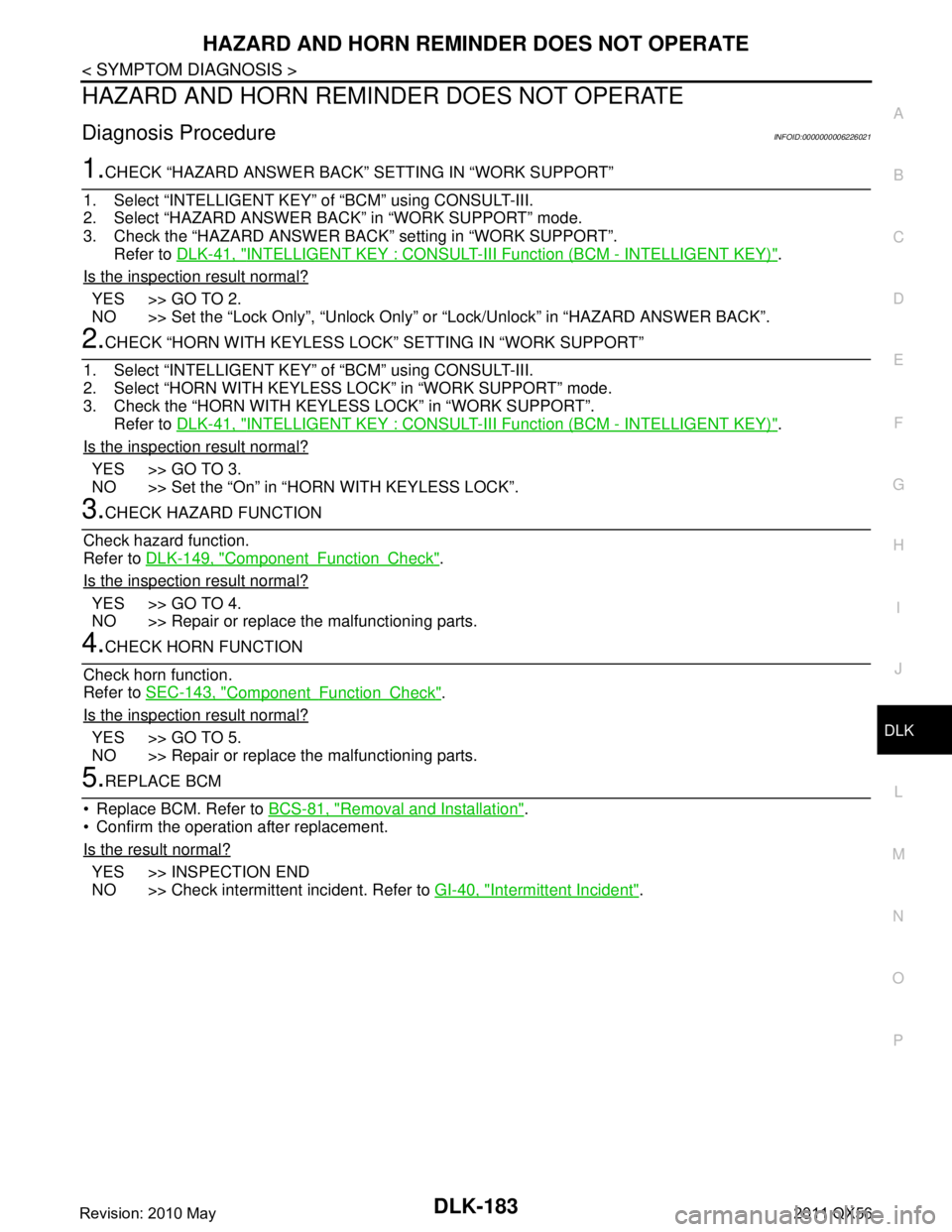 INFINITI QX56 2011 Factory User Guide
HAZARD AND HORN REMINDER DOES NOT OPERATEDLK-183
< SYMPTOM DIAGNOSIS >
C
DE
F
G H
I
J
L
M A
B
DLK
N
O P
HAZARD AND HORN REMIND ER DOES NOT OPERATE
Diagnosis ProcedureINFOID:0000000006226021
1.CHECK INFINITI QX56 2011 Factory User Guide
HAZARD AND HORN REMINDER DOES NOT OPERATEDLK-183
< SYMPTOM DIAGNOSIS >
C
DE
F
G H
I
J
L
M A
B
DLK
N
O P
HAZARD AND HORN REMIND ER DOES NOT OPERATE
Diagnosis ProcedureINFOID:0000000006226021
1.CHECK