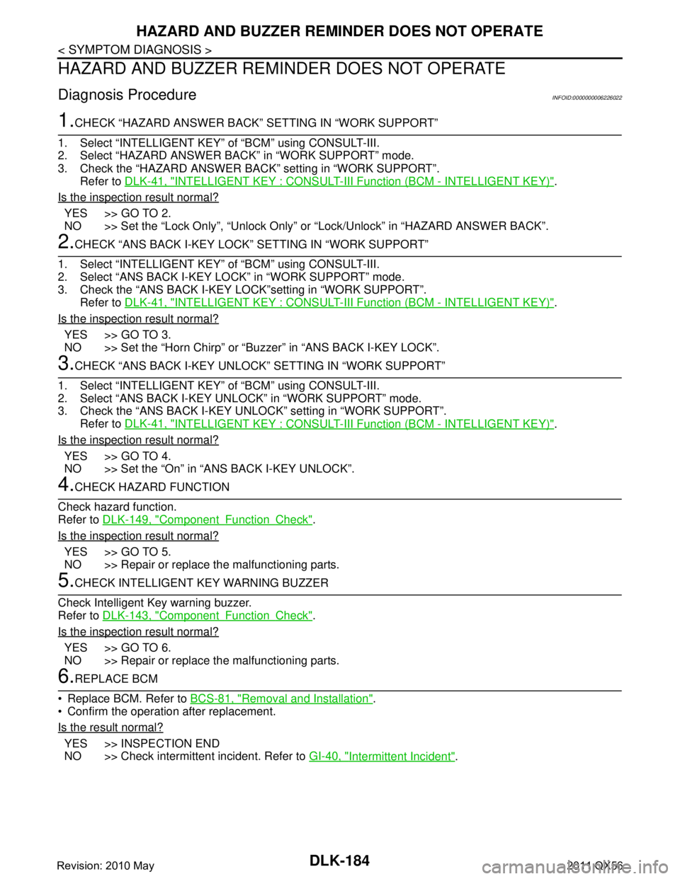 INFINITI QX56 2011 Factory Owners Manual
DLK-184
< SYMPTOM DIAGNOSIS >
HAZARD AND BUZZER REMINDER DOES NOT OPERATE
HAZARD AND BUZZER REMINDER DOES NOT OPERATE
Diagnosis ProcedureINFOID:0000000006226022
1.CHECK “HAZARD ANSWER BACK” SETTI INFINITI QX56 2011 Factory Owners Manual
DLK-184
< SYMPTOM DIAGNOSIS >
HAZARD AND BUZZER REMINDER DOES NOT OPERATE
HAZARD AND BUZZER REMINDER DOES NOT OPERATE
Diagnosis ProcedureINFOID:0000000006226022
1.CHECK “HAZARD ANSWER BACK” SETTI