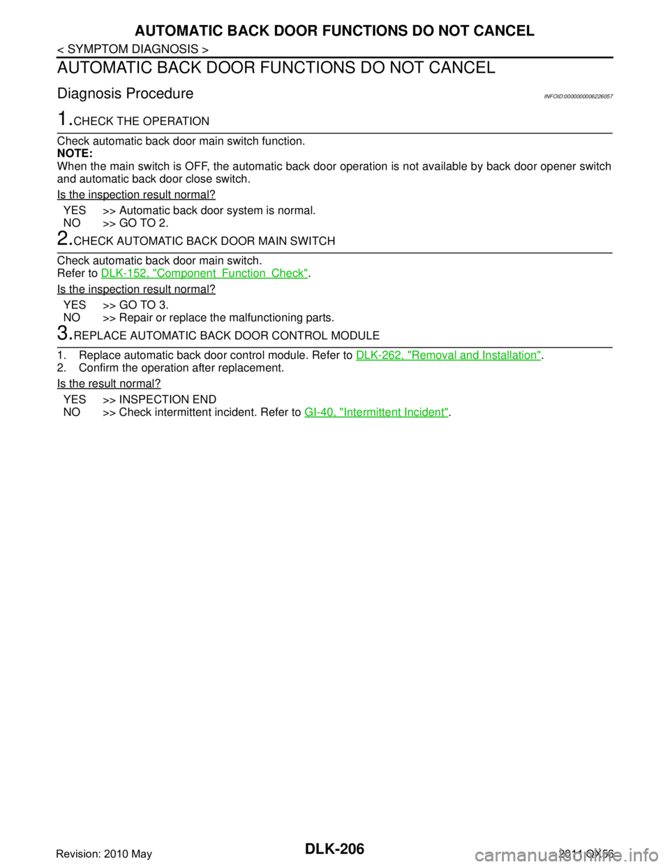 INFINITI QX56 2011 Factory Service Manual
DLK-206
< SYMPTOM DIAGNOSIS >
AUTOMATIC BACK DOOR FUNCTIONS DO NOT CANCEL
AUTOMATIC BACK DOOR FUNCTIONS DO NOT CANCEL
Diagnosis ProcedureINFOID:0000000006226057
1.CHECK THE OPERATION
Check automatic INFINITI QX56 2011 Factory Service Manual
DLK-206
< SYMPTOM DIAGNOSIS >
AUTOMATIC BACK DOOR FUNCTIONS DO NOT CANCEL
AUTOMATIC BACK DOOR FUNCTIONS DO NOT CANCEL
Diagnosis ProcedureINFOID:0000000006226057
1.CHECK THE OPERATION
Check automatic