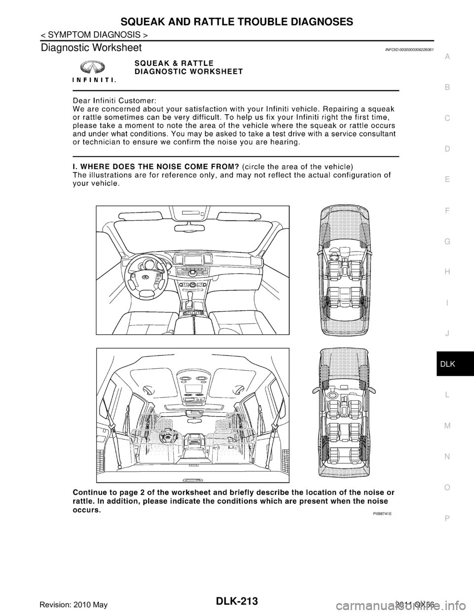 INFINITI QX56 2011 Factory Service Manual
SQUEAK AND RATTLE TROUBLE DIAGNOSESDLK-213
< SYMPTOM DIAGNOSIS >
C
DE
F
G H
I
J
L
M A
B
DLK
N
O P
Diagnostic WorksheetINFOID:0000000006226061
PIIB8741E
Revision: 2010 May2011 QX56 INFINITI QX56 2011 Factory Service Manual
SQUEAK AND RATTLE TROUBLE DIAGNOSESDLK-213
< SYMPTOM DIAGNOSIS >
C
DE
F
G H
I
J
L
M A
B
DLK
N
O P
Diagnostic WorksheetINFOID:0000000006226061
PIIB8741E
Revision: 2010 May2011 QX56