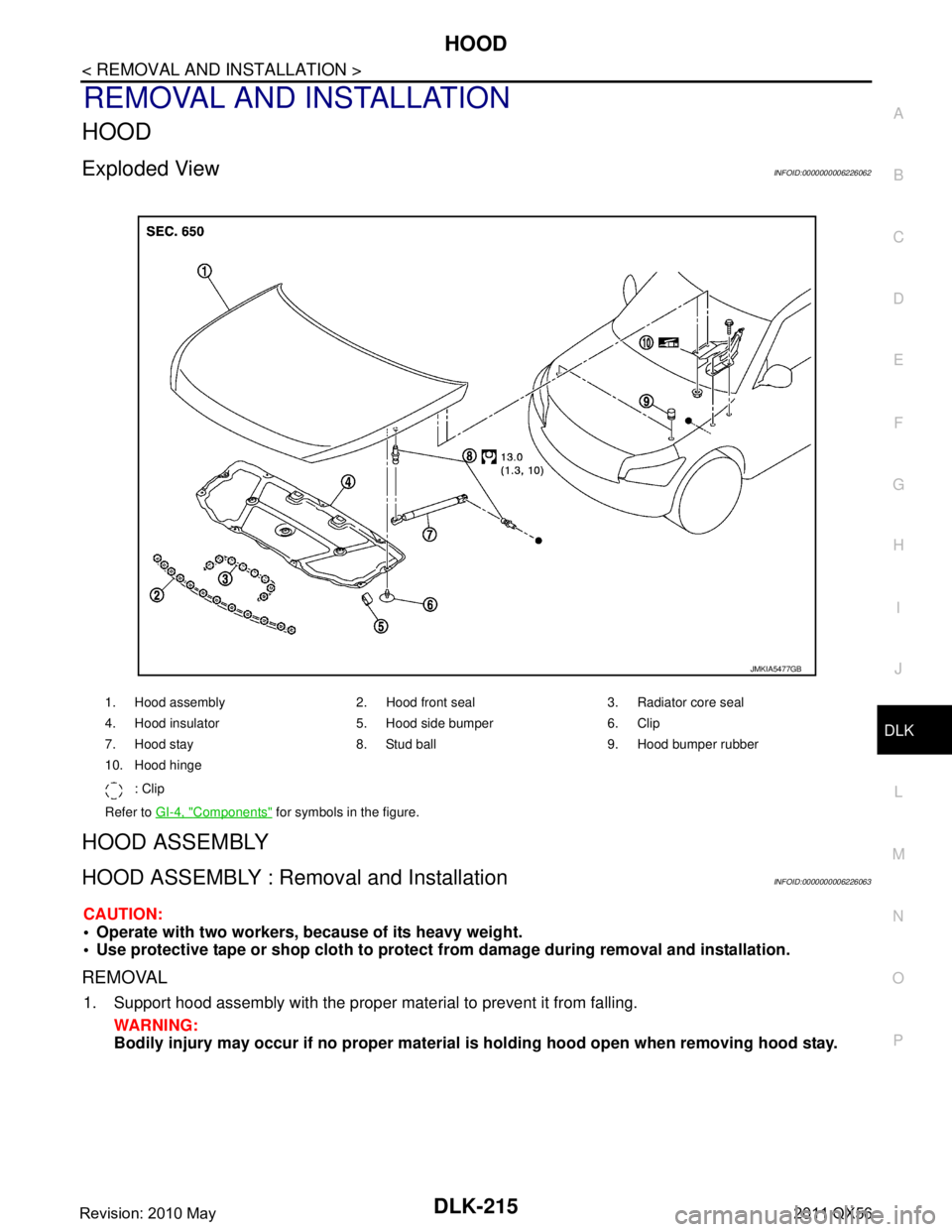 INFINITI QX56 2011  Factory Service Manual 
HOOD
DLK-215
< REMOVAL AND INSTALLATION >
C
D E
F
G H
I
J
L
M A
B
DLK
N
O P
REMOVAL AND INSTALLATION
HOOD
Exploded ViewINFOID:0000000006226062
HOOD ASSEMBLY
HOOD ASSEMBLY : Removal and InstallationIN