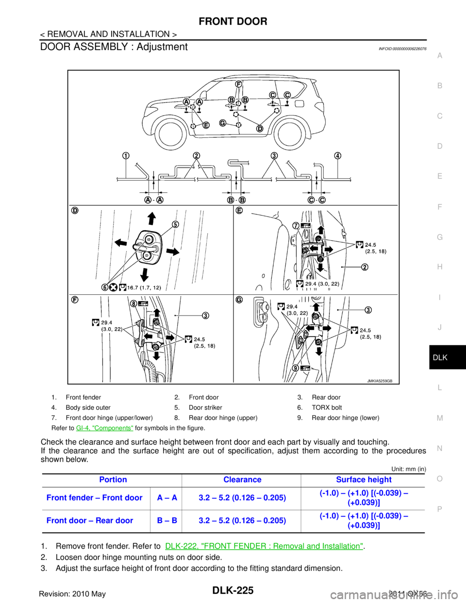 INFINITI QX56 2011 Factory Service Manual
FRONT DOORDLK-225
< REMOVAL AND INSTALLATION >
C
DE
F
G H
I
J
L
M A
B
DLK
N
O P
DOOR ASSEMBLY : AdjustmentINFOID:0000000006226076
Check the clearance and surface height between front door and each p INFINITI QX56 2011 Factory Service Manual
FRONT DOORDLK-225
< REMOVAL AND INSTALLATION >
C
DE
F
G H
I
J
L
M A
B
DLK
N
O P
DOOR ASSEMBLY : AdjustmentINFOID:0000000006226076
Check the clearance and surface height between front door and each p