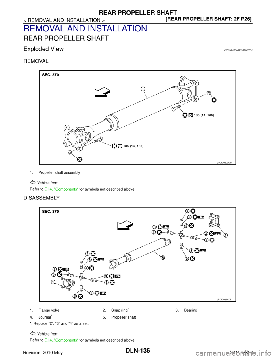 INFINITI QX56 2011  Factory Service Manual 
DLN-136
< REMOVAL AND INSTALLATION >[REAR PROPELLER SHAFT: 2F P26]
REAR PROPELLER SHAFT
REMOVAL AND INSTALLATION
REAR PROPELLER SHAFT
Exploded ViewINFOID:0000000006222365
REMOVAL
DISASSEMBLY
1. Prope
