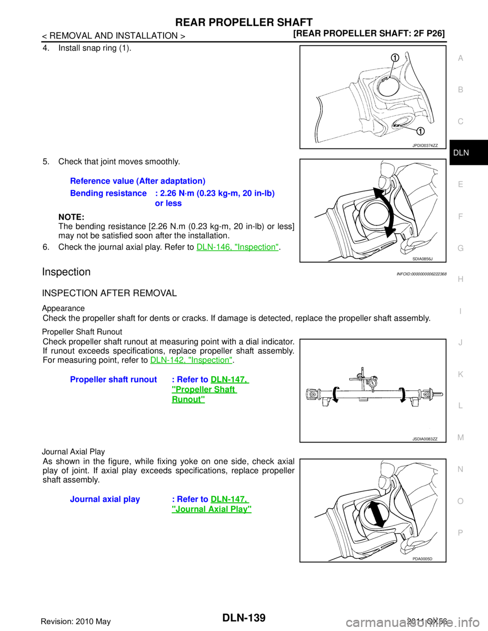 INFINITI QX56 2011  Factory Service Manual 
REAR PROPELLER SHAFTDLN-139
< REMOVAL AND INSTALLATION > [REAR PROPELLER SHAFT: 2F P26]
C
EF
G H
I
J
K L
M A
B
DLN
N
O P
4. Install snap ring (1).
5. Check that joint moves smoothly.
NOTE:
The bendin