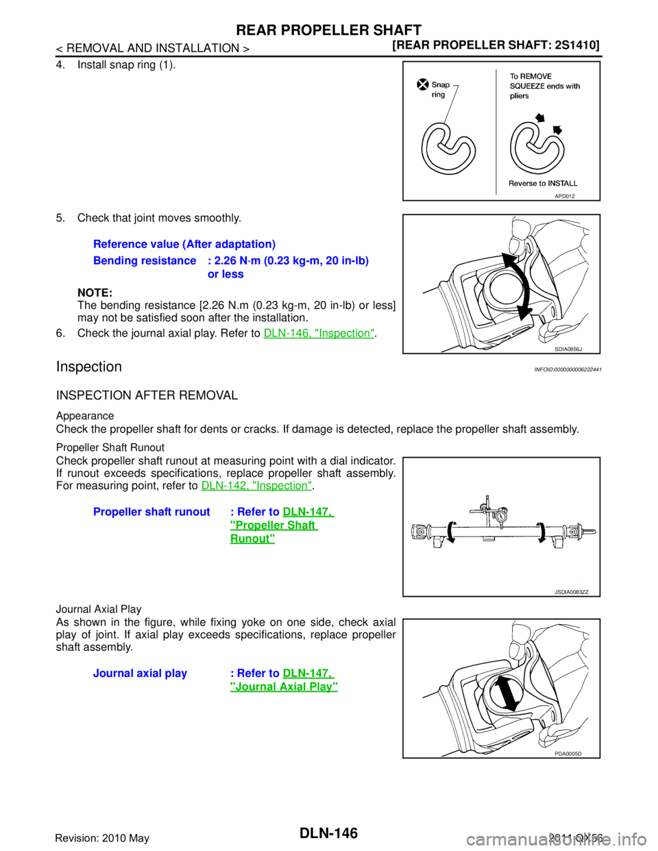 INFINITI QX56 2011  Factory Service Manual 
DLN-146
< REMOVAL AND INSTALLATION >[REAR PROPELLER SHAFT: 2S1410]
REAR PROPELLER SHAFT
4. Install snap ring (1).
5. Check that joint moves smoothly.
NOTE:
The bending resistance [2.26 N.m (0.23 kg-m