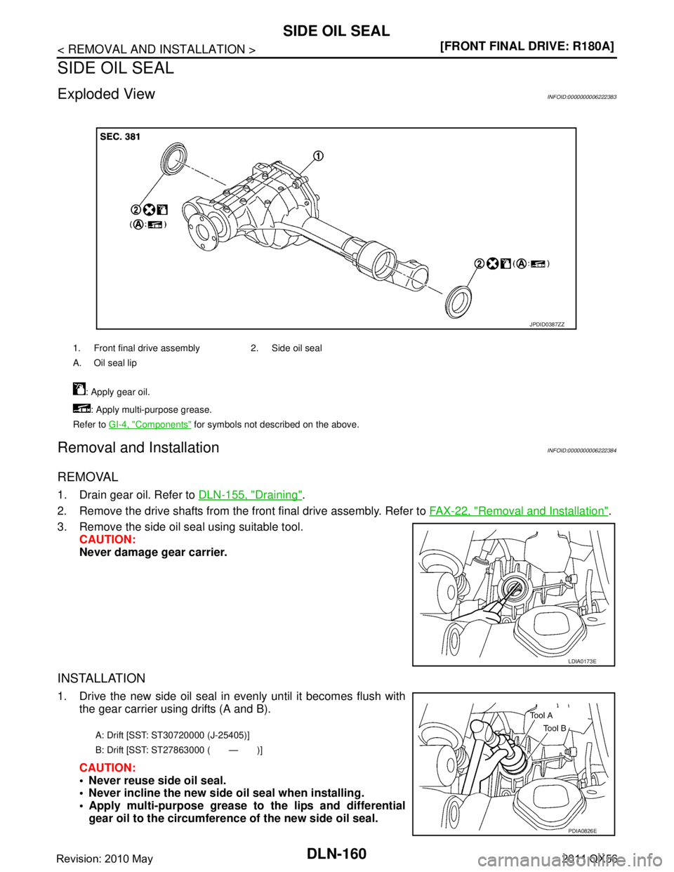 INFINITI QX56 2011  Factory Service Manual 
DLN-160
< REMOVAL AND INSTALLATION >[FRONT FINAL DRIVE: R180A]
SIDE OIL SEAL
SIDE OIL SEAL
Exploded ViewINFOID:0000000006222383
Removal and InstallationINFOID:0000000006222384
REMOVAL
1. Drain gear o