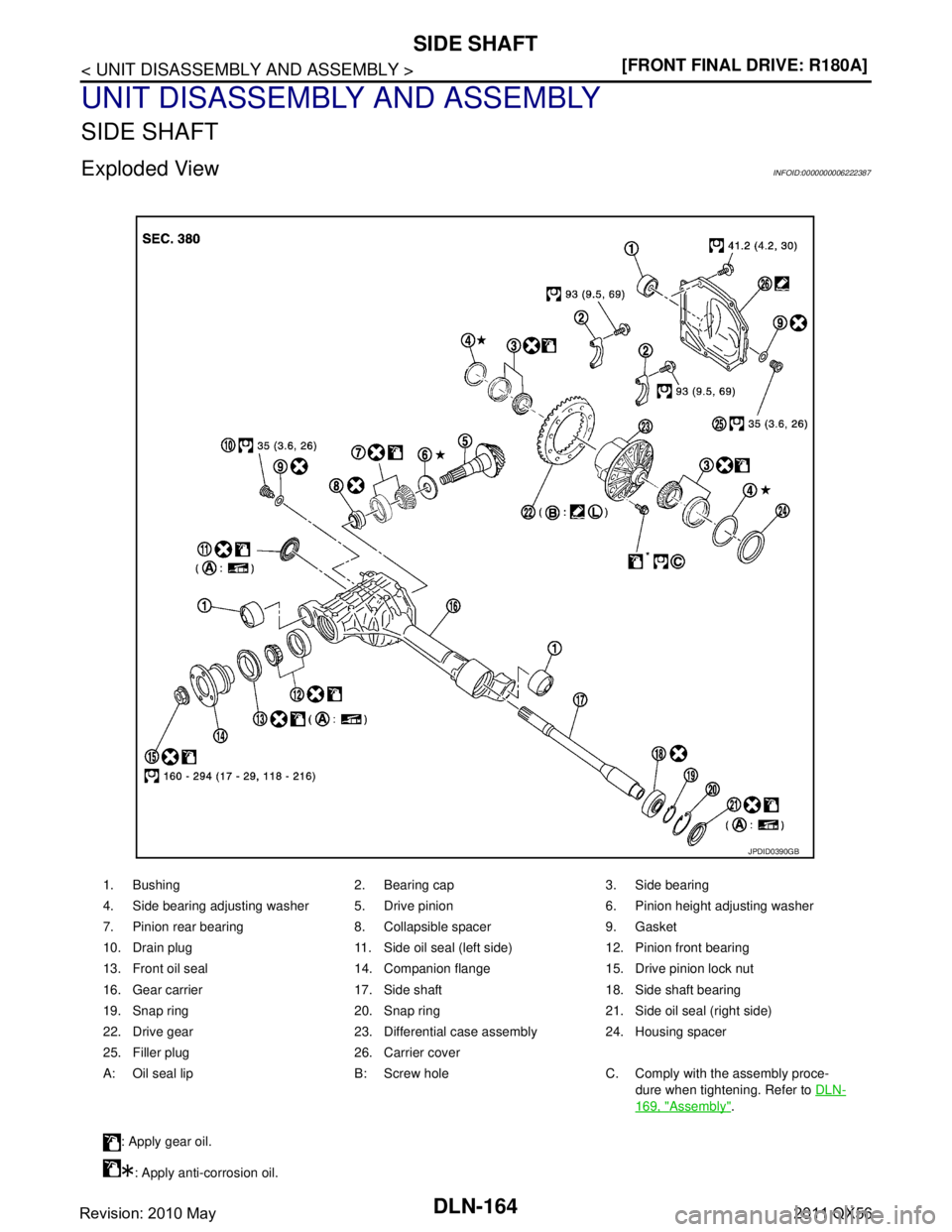 INFINITI QX56 2011  Factory Service Manual 
DLN-164
< UNIT DISASSEMBLY AND ASSEMBLY >[FRONT FINAL DRIVE: R180A]
SIDE SHAFT
UNIT DISASSEMBLY AND ASSEMBLY
SIDE SHAFT
Exploded ViewINFOID:0000000006222387
1. Bushing 2. Bearing cap 3. Side bearing
