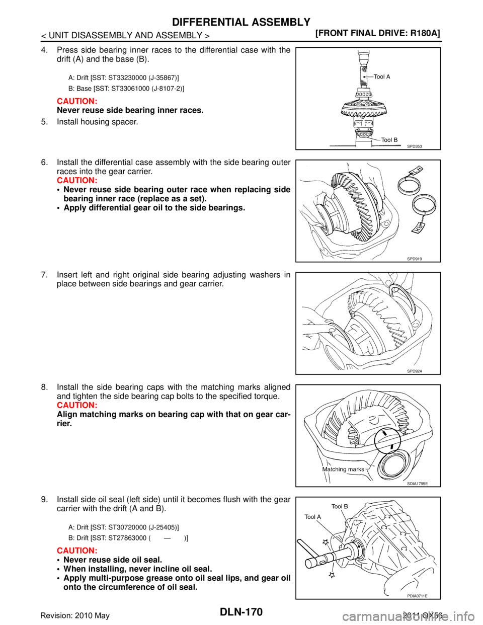 INFINITI QX56 2011  Factory Repair Manual 
DLN-170
< UNIT DISASSEMBLY AND ASSEMBLY >[FRONT FINAL DRIVE: R180A]
DIFFERENTIAL ASSEMBLY
4. Press side bearing inner races to the differential case with the
drift (A) and the base (B).
CAUTION:
Neve