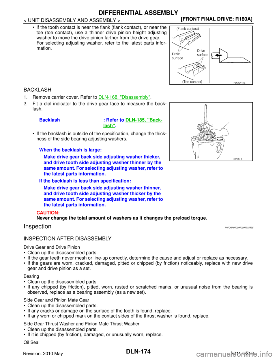 INFINITI QX56 2011  Factory Repair Manual 
DLN-174
< UNIT DISASSEMBLY AND ASSEMBLY >[FRONT FINAL DRIVE: R180A]
DIFFERENTIAL ASSEMBLY
 If the tooth contact is near the flank (flank contact), or near the
toe (toe contact), use a thinner drive 
