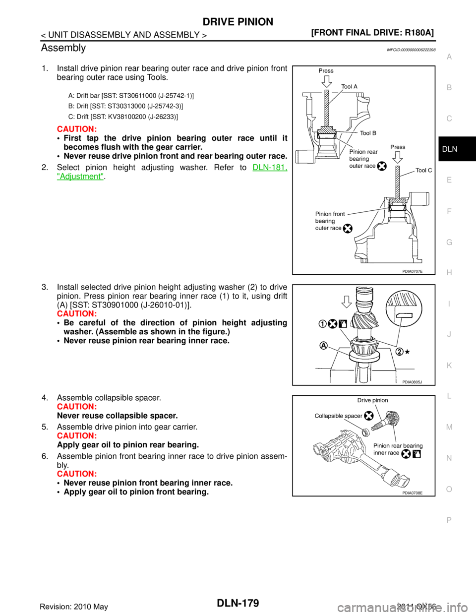 INFINITI QX56 2011  Factory User Guide 
DRIVE PINIONDLN-179
< UNIT DISASSEMBLY AND ASSEMBLY > [FRONT FINAL DRIVE: R180A]
C
EF
G H
I
J
K L
M A
B
DLN
N
O P
AssemblyINFOID:0000000006222398
1. Install drive pinion rear bearing outer race and d