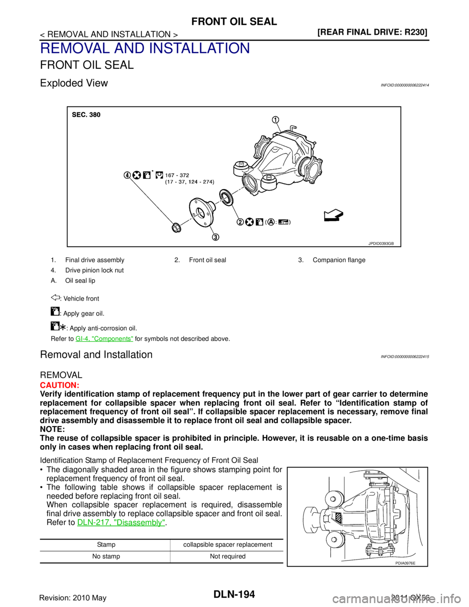 INFINITI QX56 2011  Factory Service Manual 
DLN-194
< REMOVAL AND INSTALLATION >[REAR FINAL DRIVE: R230]
FRONT OIL SEAL
REMOVAL AND INSTALLATION
FRONT OIL SEAL
Exploded ViewINFOID:0000000006222414
Removal and InstallationINFOID:000000000622241