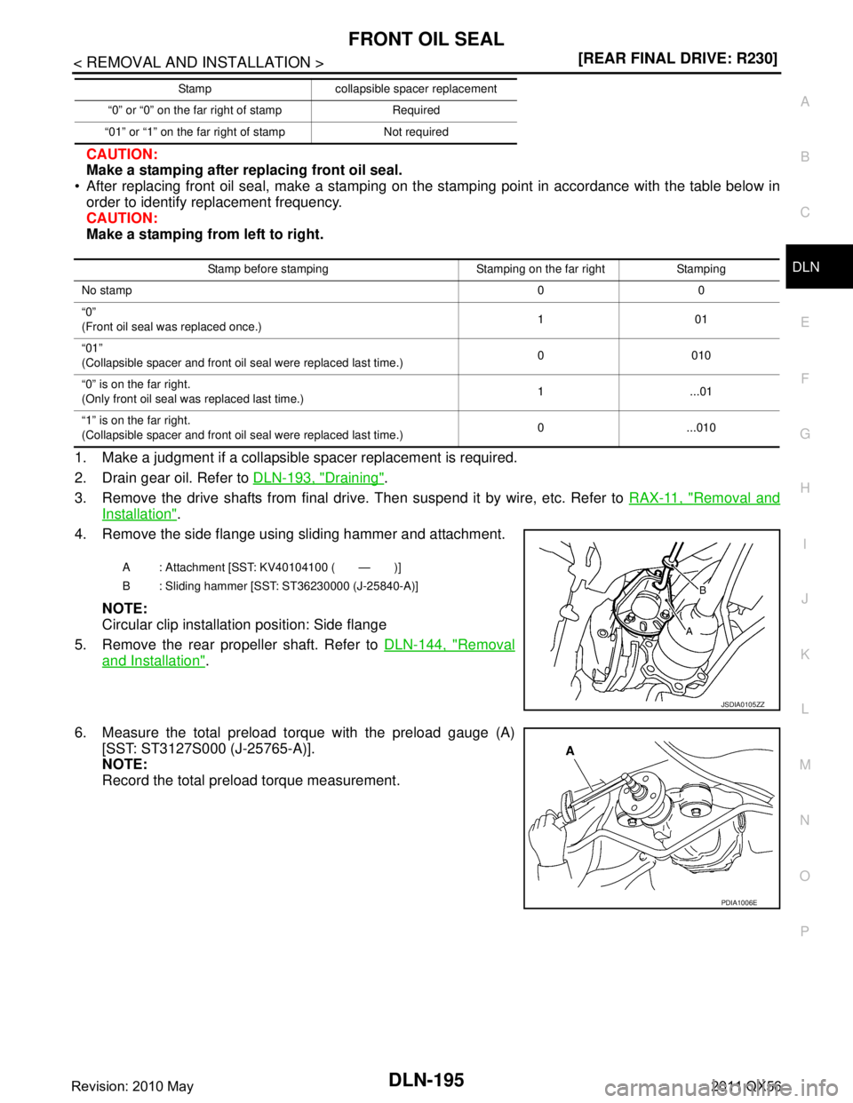 INFINITI QX56 2011  Factory Manual PDF 
FRONT OIL SEALDLN-195
< REMOVAL AND INSTALLATION > [REAR FINAL DRIVE: R230]
C
EF
G H
I
J
K L
M A
B
DLN
N
O P
CAUTION:
Make a stamping after replacing front oil seal.
 After replacing front oil seal,
