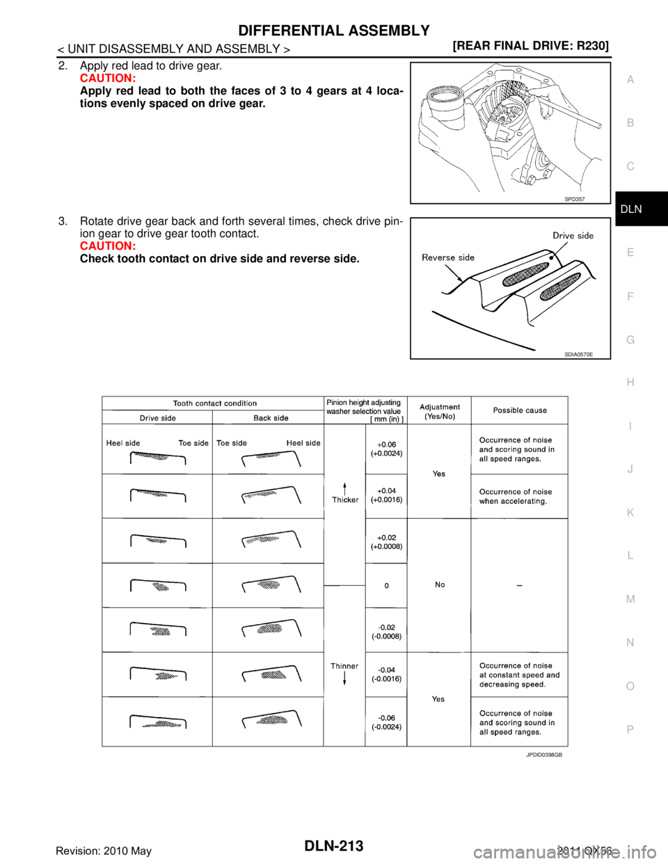 INFINITI QX56 2011  Factory Service Manual 
DIFFERENTIAL ASSEMBLYDLN-213
< UNIT DISASSEMBLY AND ASSEMBLY > [REAR FINAL DRIVE: R230]
C
EF
G H
I
J
K L
M A
B
DLN
N
O P
2. Apply red lead to drive gear. CAUTION:
Apply red lead to both the f aces of