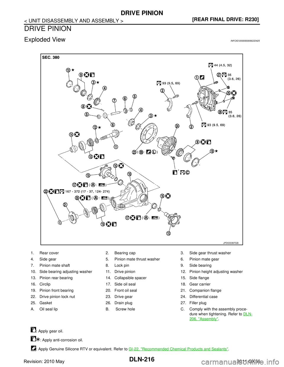 INFINITI QX56 2011  Factory Service Manual 
DLN-216
< UNIT DISASSEMBLY AND ASSEMBLY >[REAR FINAL DRIVE: R230]
DRIVE PINION
DRIVE PINION
Exploded ViewINFOID:0000000006222425
1. Rear cover 2. Bearing cap 3. Side gear thrust washer
4. Side gear 5