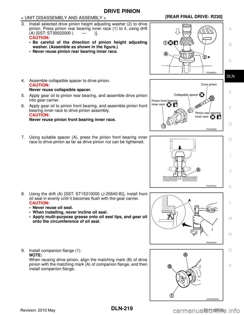 INFINITI QX56 2011  Factory Service Manual 
DRIVE PINIONDLN-219
< UNIT DISASSEMBLY AND ASSEMBLY > [REAR FINAL DRIVE: R230]
C
EF
G H
I
J
K L
M A
B
DLN
N
O P
3. Install selected drive pinion height adjusting washer (2) to drive pinion. Press pin
