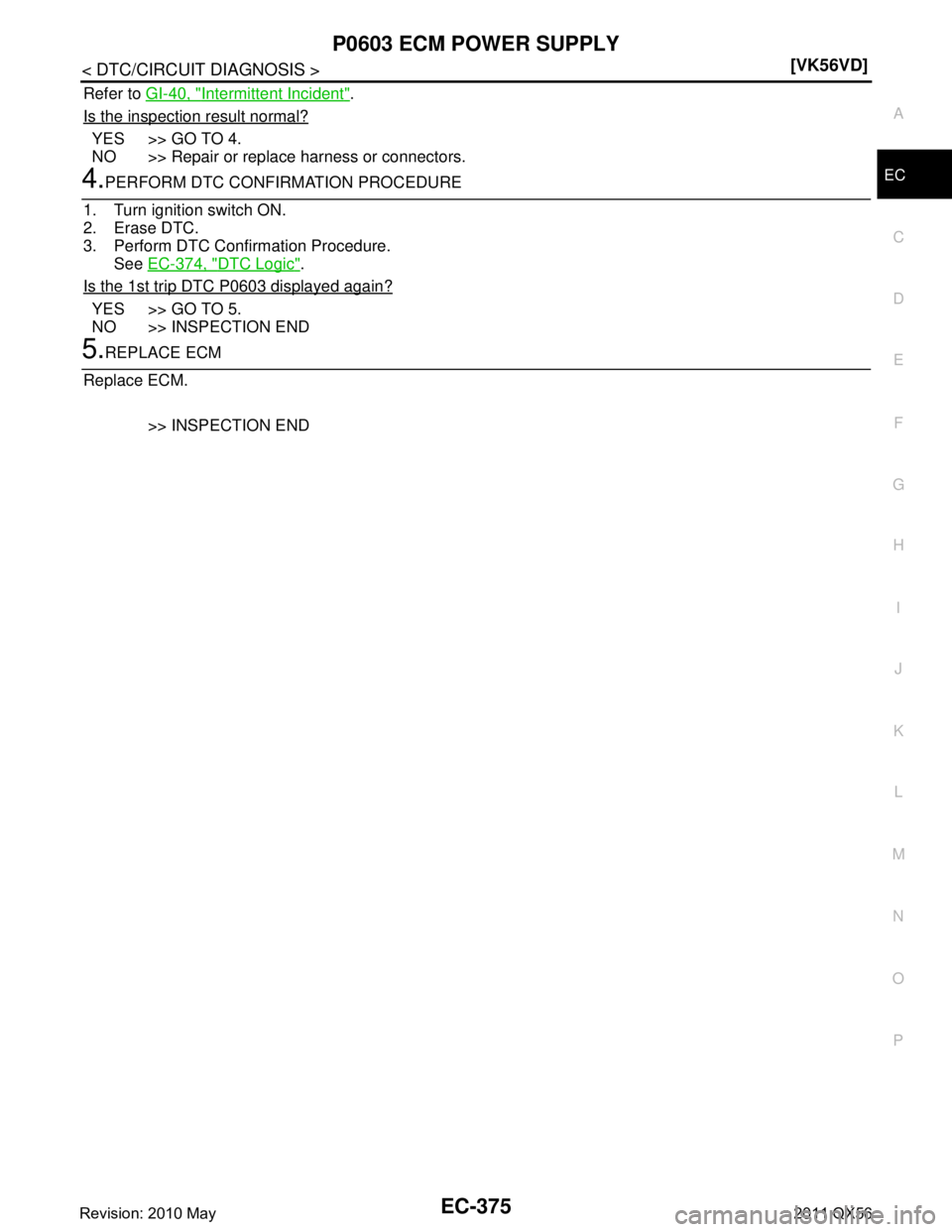 INFINITI QX56 2011  Factory Service Manual 
P0603 ECM POWER SUPPLYEC-375
< DTC/CIRCUIT DIAGNOSIS > [VK56VD]
C
D
E
F
G H
I
J
K L
M A
EC
NP
O
Refer to 
GI-40, "Intermittent Incident".
Is the inspection result normal?
YES >> GO TO 4.
NO >> Repair