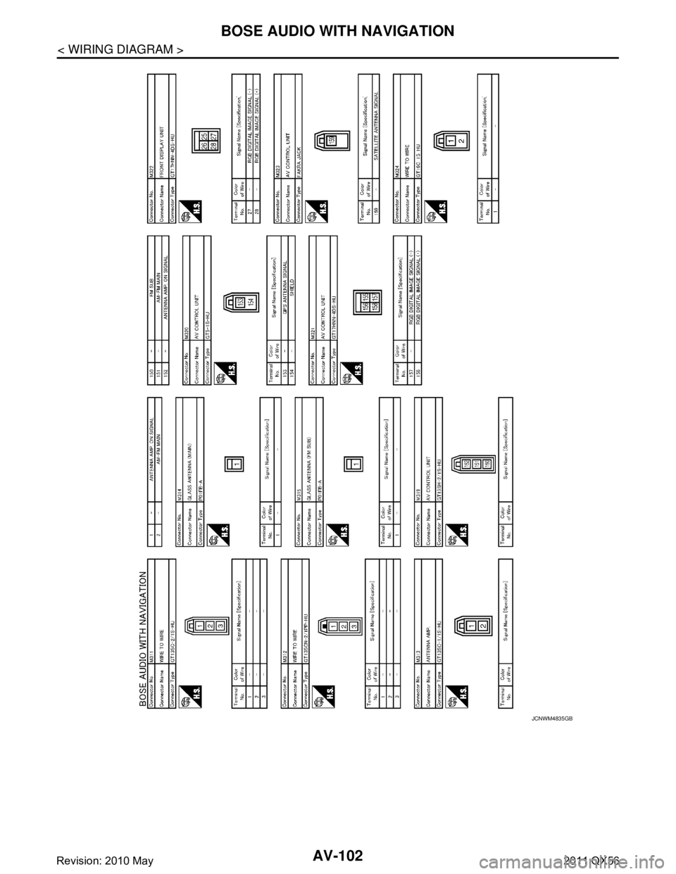 INFINITI QX56 2011 Factory Service Manual
AV-102
< WIRING DIAGRAM >
BOSE AUDIO WITH NAVIGATION
JCNWM4835GB
Revision: 2010 May2011 QX56 INFINITI QX56 2011 Factory Service Manual
AV-102
< WIRING DIAGRAM >
BOSE AUDIO WITH NAVIGATION
JCNWM4835GB
Revision: 2010 May2011 QX56