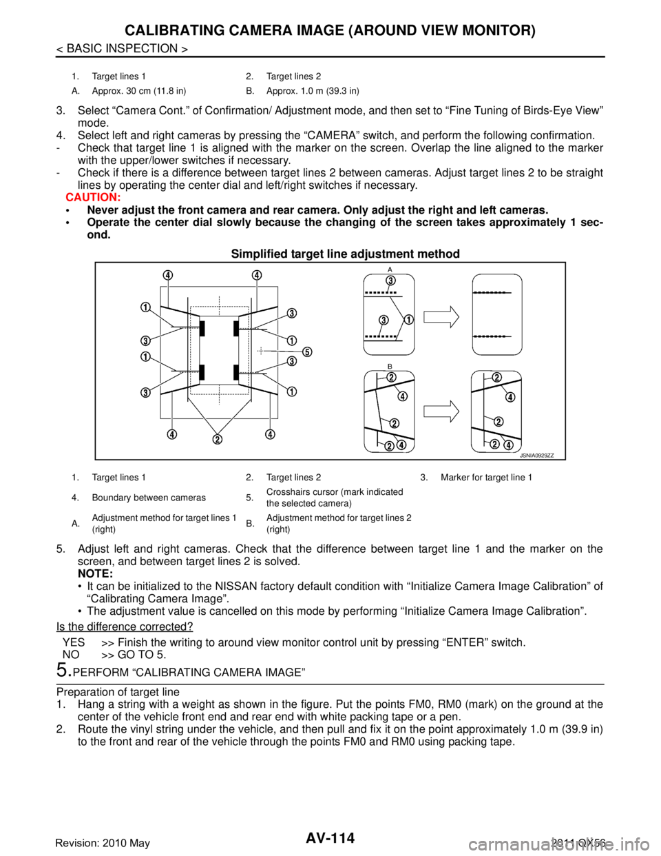 INFINITI QX56 2011 Factory Service Manual
AV-114
< BASIC INSPECTION >
CALIBRATING CAMERA IMAGE (AROUND VIEW MONITOR)
3. Select “Camera Cont.” of Confirmation/ Adjustment mode, and then set to “Fine Tuning of Birds-Eye View”
mode.
4. INFINITI QX56 2011 Factory Service Manual
AV-114
< BASIC INSPECTION >
CALIBRATING CAMERA IMAGE (AROUND VIEW MONITOR)
3. Select “Camera Cont.” of Confirmation/ Adjustment mode, and then set to “Fine Tuning of Birds-Eye View”
mode.
4.