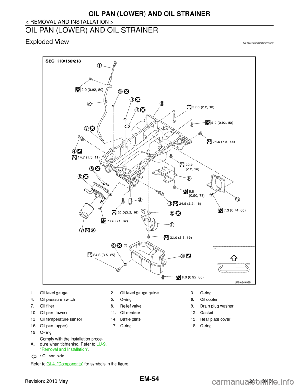INFINITI QX56 2011 Factory Service Manual
EM-54
< REMOVAL AND INSTALLATION >
OIL PAN (LOWER) AND OIL STRAINER
OIL PAN (LOWER) AND OIL STRAINER
Exploded ViewINFOID:0000000006289559
1. Oil level gauge 2. Oil level gauge guide 3. O-ring
4. Oil INFINITI QX56 2011 Factory Service Manual
EM-54
< REMOVAL AND INSTALLATION >
OIL PAN (LOWER) AND OIL STRAINER
OIL PAN (LOWER) AND OIL STRAINER
Exploded ViewINFOID:0000000006289559
1. Oil level gauge 2. Oil level gauge guide 3. O-ring
4. Oil