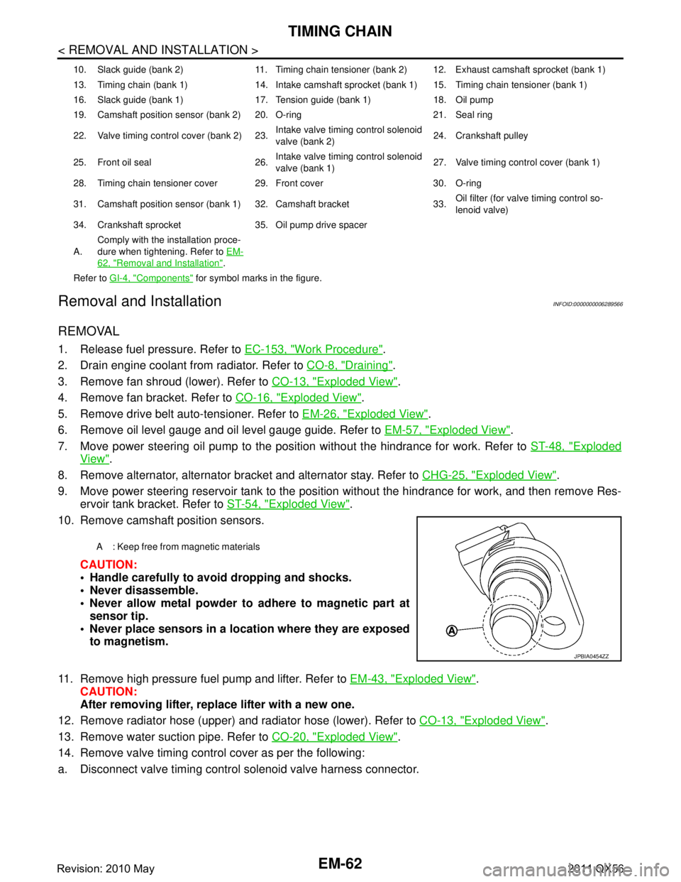 INFINITI QX56 2011 Factory User Guide
EM-62
< REMOVAL AND INSTALLATION >
TIMING CHAIN
Removal and Installation
INFOID:0000000006289566
REMOVAL
1. Release fuel pressure. Refer to EC-153, "Work Procedure".
2. Drain engine coolant from rad INFINITI QX56 2011 Factory User Guide
EM-62
< REMOVAL AND INSTALLATION >
TIMING CHAIN
Removal and Installation
INFOID:0000000006289566
REMOVAL
1. Release fuel pressure. Refer to EC-153, "Work Procedure".
2. Drain engine coolant from rad