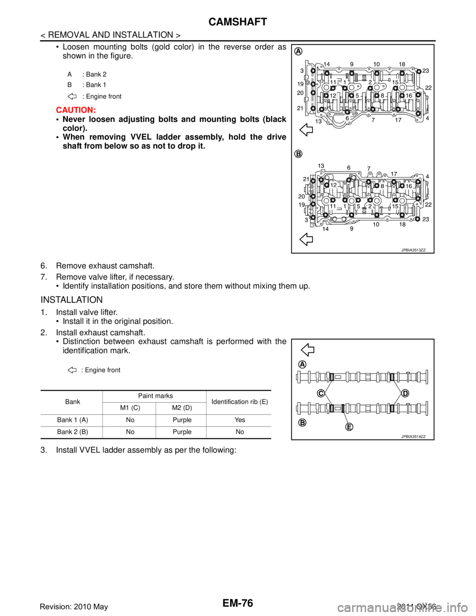INFINITI QX56 2011 Factory Service Manual
EM-76
< REMOVAL AND INSTALLATION >
CAMSHAFT
Loosen mounting bolts (gold color) in the reverse order asshown in the figure.
CAUTION:
Never loosen adjusting bolts and mounting bolts (black color).
INFINITI QX56 2011 Factory Service Manual
EM-76
< REMOVAL AND INSTALLATION >
CAMSHAFT
Loosen mounting bolts (gold color) in the reverse order asshown in the figure.
CAUTION:
Never loosen adjusting bolts and mounting bolts (black color).