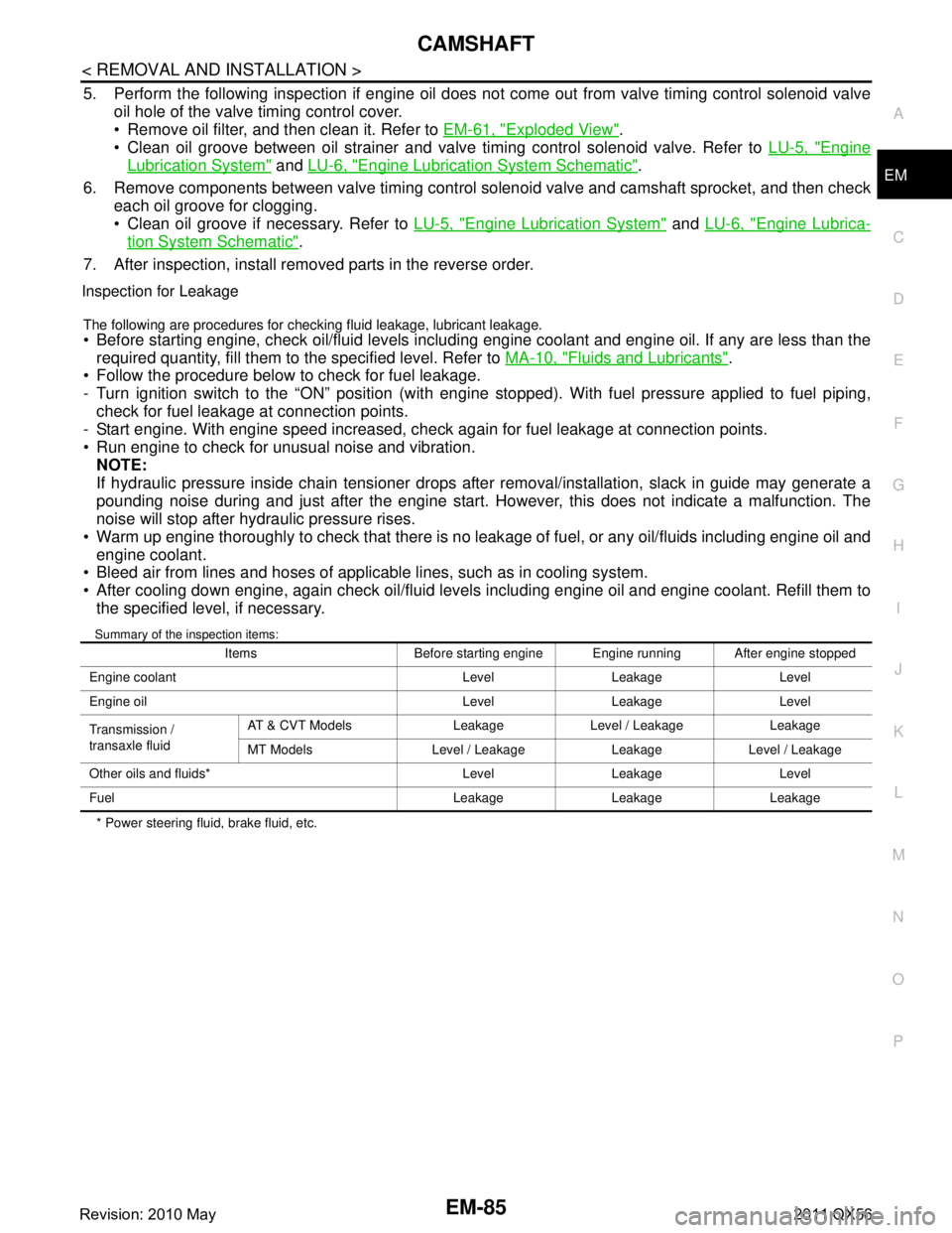 INFINITI QX56 2011 Factory Service Manual
CAMSHAFTEM-85
< REMOVAL AND INSTALLATION >
C
DE
F
G H
I
J
K L
M A
EM
NP
O
5. Perform the following inspection if engine oil does not
come out from valve timing control solenoid valve
oil hole of the INFINITI QX56 2011 Factory Service Manual
CAMSHAFTEM-85
< REMOVAL AND INSTALLATION >
C
DE
F
G H
I
J
K L
M A
EM
NP
O
5. Perform the following inspection if engine oil does not
come out from valve timing control solenoid valve
oil hole of the
