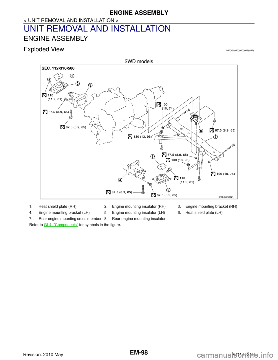 INFINITI QX56 2011 Factory Service Manual
EM-98
< UNIT REMOVAL AND INSTALLATION >
ENGINE ASSEMBLY
UNIT REMOVAL AND INSTALLATION
ENGINE ASSEMBLY
Exploded ViewINFOID:0000000006289576
2WD models
JPBIA4257GB
1. Heat shield plate (RH) 2. Engine m INFINITI QX56 2011 Factory Service Manual
EM-98
< UNIT REMOVAL AND INSTALLATION >
ENGINE ASSEMBLY
UNIT REMOVAL AND INSTALLATION
ENGINE ASSEMBLY
Exploded ViewINFOID:0000000006289576
2WD models
JPBIA4257GB
1. Heat shield plate (RH) 2. Engine m