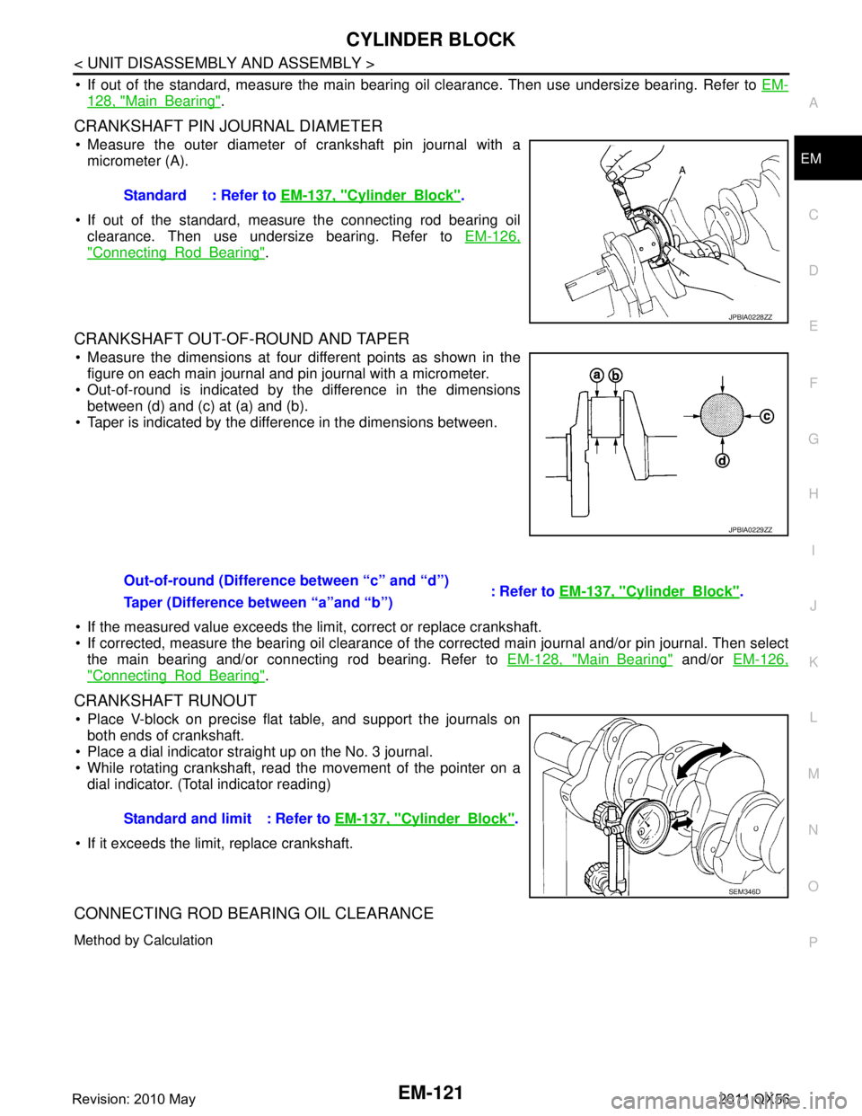 INFINITI QX56 2011  Factory Service Manual 
CYLINDER BLOCKEM-121
< UNIT DISASSEMBLY AND ASSEMBLY >
C
DE
F
G H
I
J
K L
M A
EM
NP
O
 If out of the standard, measure the main bearing 
oil clearance. Then use undersize bearing. Refer to  EM-
128,