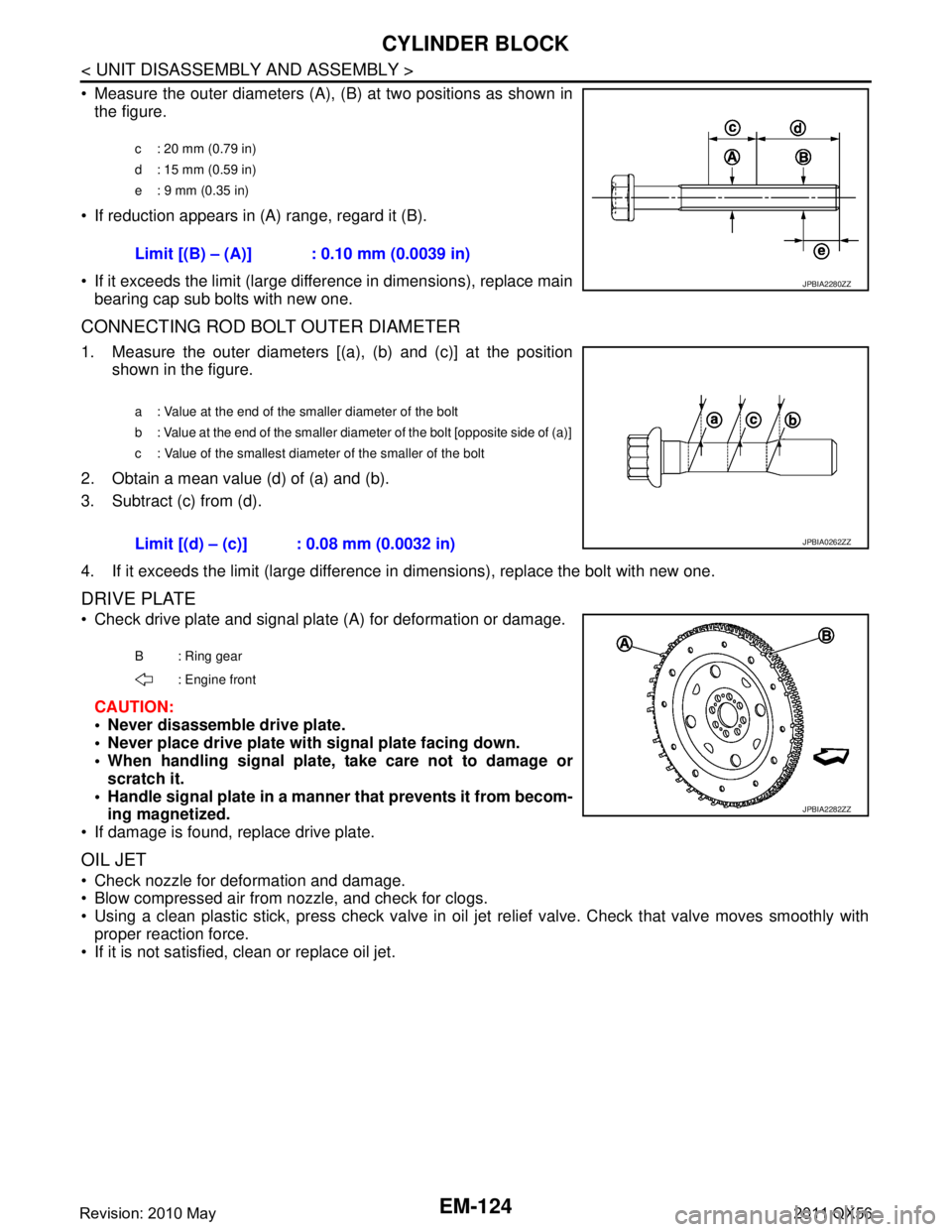 INFINITI QX56 2011 Factory Service Manual
EM-124
< UNIT DISASSEMBLY AND ASSEMBLY >
CYLINDER BLOCK
Measure the outer diameters (A), (B) at two positions as shown in
the figure.
If reduction appears in (A) range, regard it (B).
If it exc INFINITI QX56 2011 Factory Service Manual
EM-124
< UNIT DISASSEMBLY AND ASSEMBLY >
CYLINDER BLOCK
Measure the outer diameters (A), (B) at two positions as shown in
the figure.
If reduction appears in (A) range, regard it (B).
If it exc