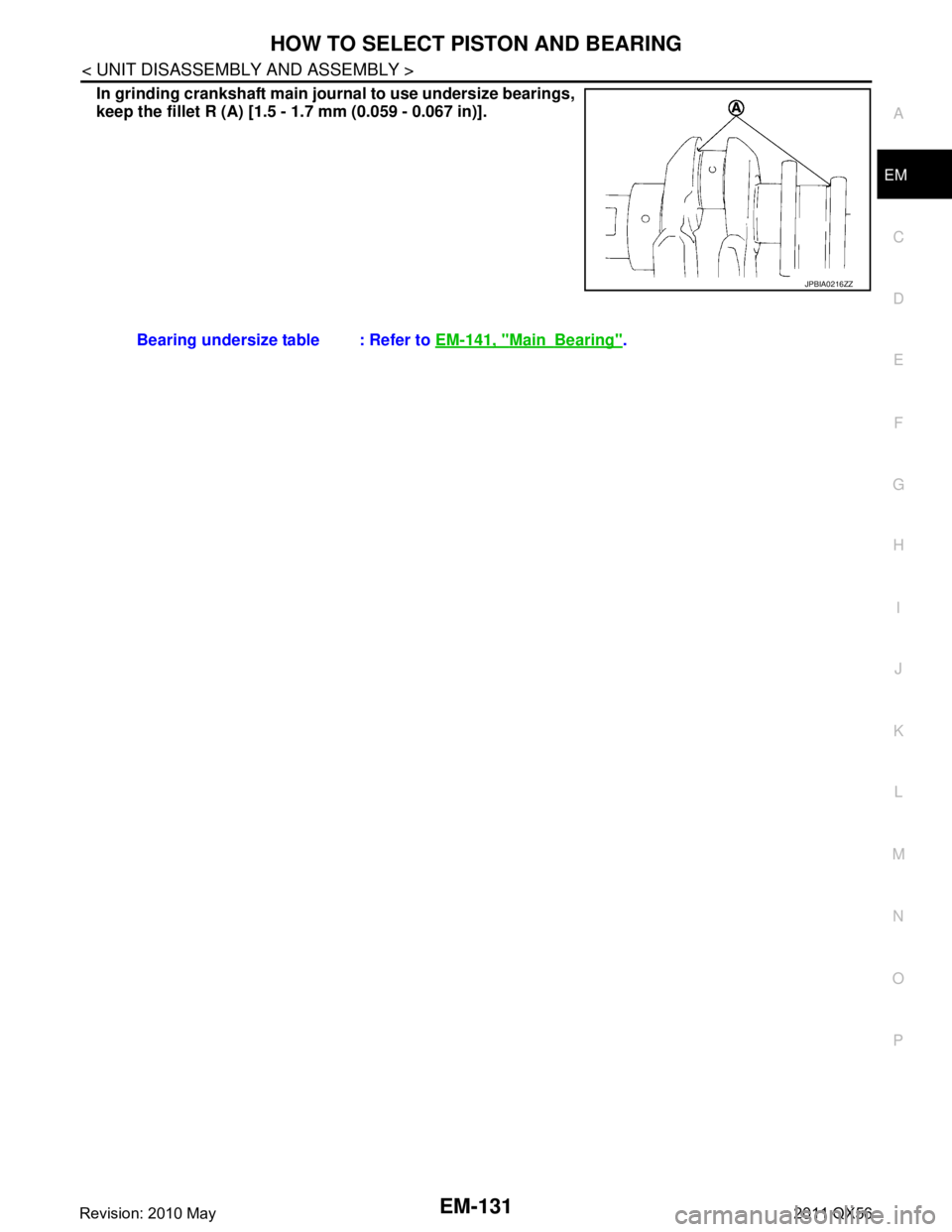 INFINITI QX56 2011 Factory Service Manual
HOW TO SELECT PISTON AND BEARINGEM-131
< UNIT DISASSEMBLY AND ASSEMBLY >
C
DE
F
G H
I
J
K L
M A
EM
NP
O
In grinding crankshaf
t main journal to use undersize bearings,
keep the fillet R (A) [1.5 - 1. INFINITI QX56 2011 Factory Service Manual
HOW TO SELECT PISTON AND BEARINGEM-131
< UNIT DISASSEMBLY AND ASSEMBLY >
C
DE
F
G H
I
J
K L
M A
EM
NP
O
In grinding crankshaf
t main journal to use undersize bearings,
keep the fillet R (A) [1.5 - 1.
