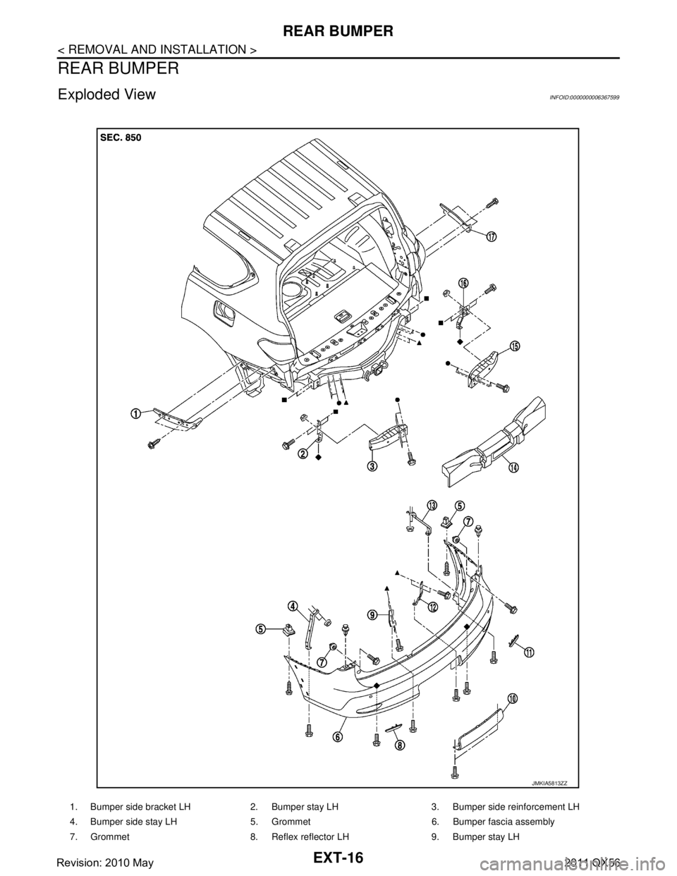 INFINITI QX56 2011  Factory Service Manual 
EXT-16
< REMOVAL AND INSTALLATION >
REAR BUMPER
REAR BUMPER
Exploded ViewINFOID:0000000006367599
1. Bumper side bracket LH 2. Bumper stay LH 3. Bumper side reinforcement LH
4. Bumper side stay LH 5. 