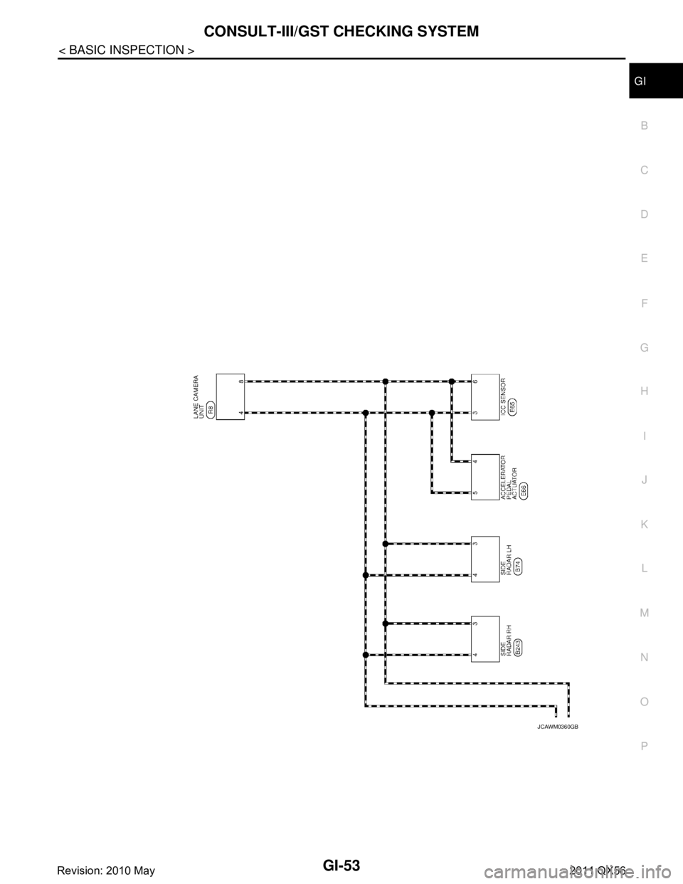 INFINITI QX56 2011  Factory Service Manual 
CONSULT-III/GST CHECKING SYSTEMGI-53
< BASIC INSPECTION >
C
DE
F
G H
I
J
K L
M B
GI
N
O P
JCAWM0360GB
Revision: 2010 May2011 QX56  