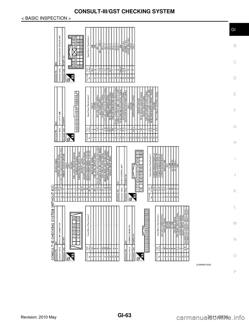 INFINITI QX56 2011  Factory Service Manual 
CONSULT-III/GST CHECKING SYSTEMGI-63
< BASIC INSPECTION >
C
DE
F
G H
I
J
K L
M B
GI
N
O P
JCAWM0370GB
Revision: 2010 May2011 QX56  